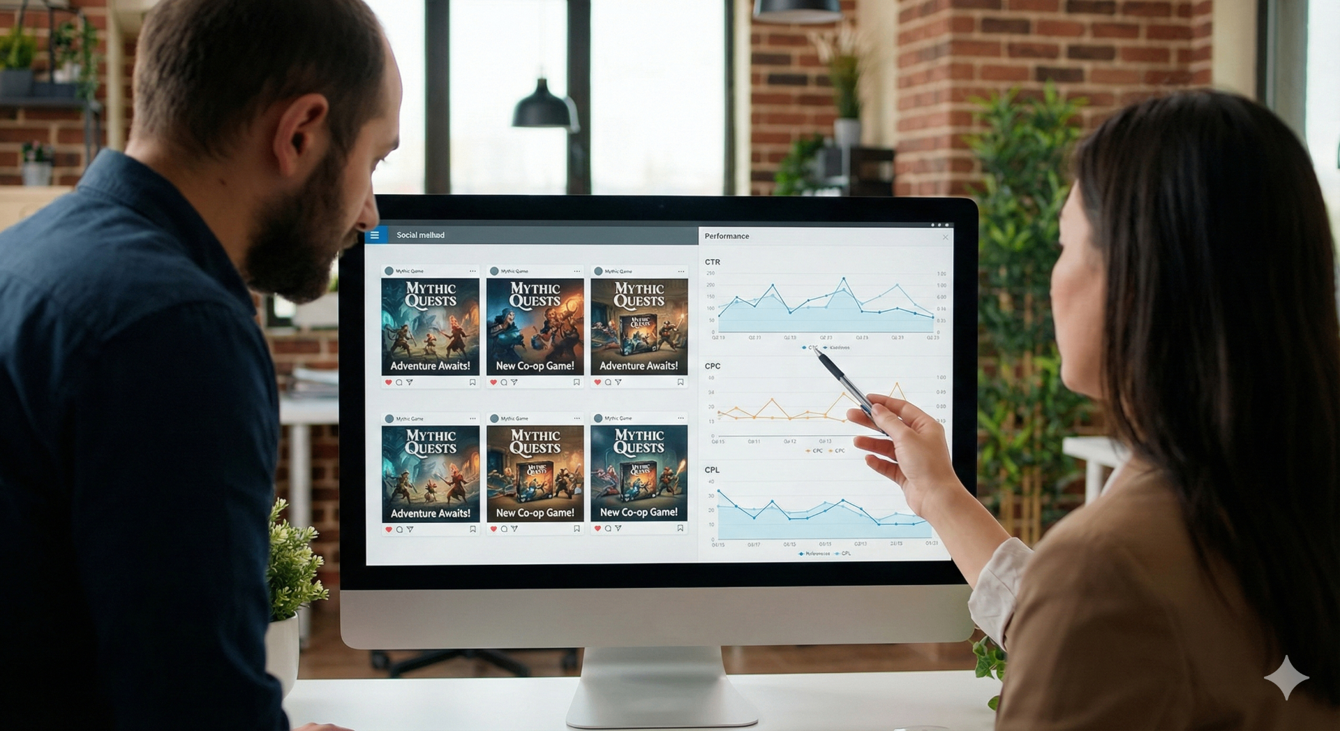 Marketing team reviewing different board game ad creatives on a large monitor