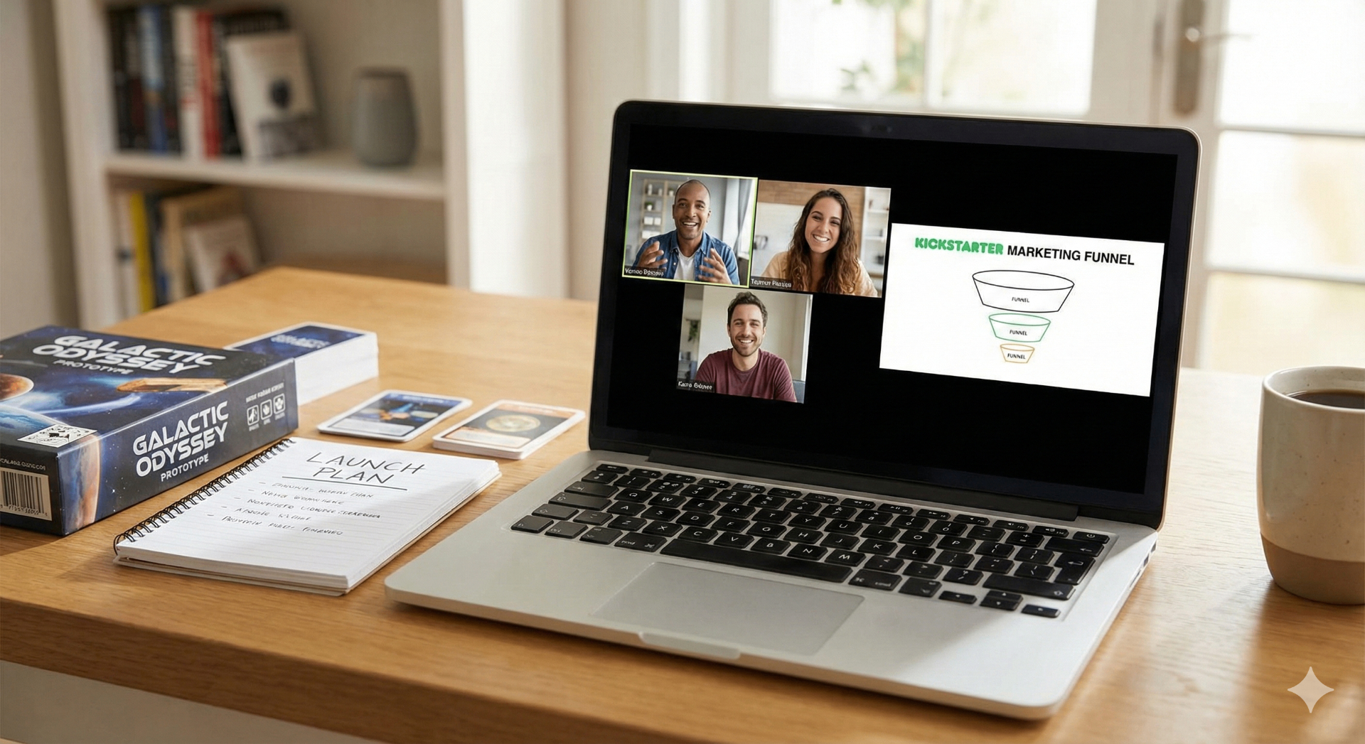 Board game creator on a video call discussing Kickstarter marketing with an agency