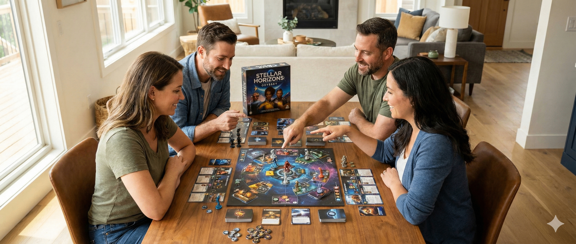 Group of players around a table playing a modern strategy board game with a visible game box