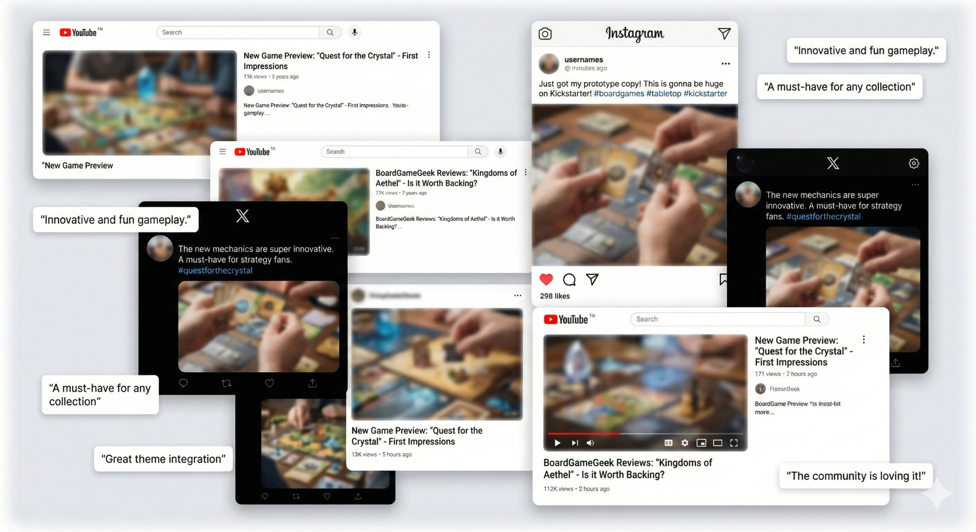 Collage of board game review content, playthrough videos, and community posts
