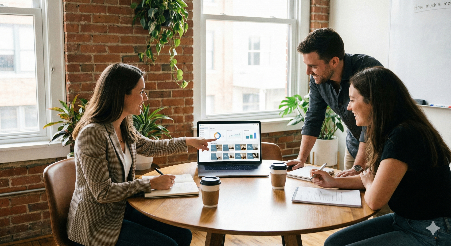 Creator in a meeting with a marketing team reviewing campaign results and case studies on a laptop