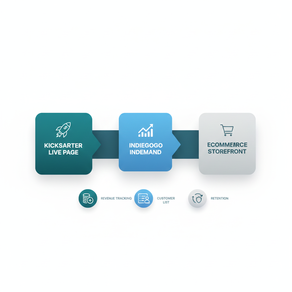 Post-campaign growth path - Kickstarter live page to Indiegogo InDemand to ecommerce storefront with revenue tracking and customer retention