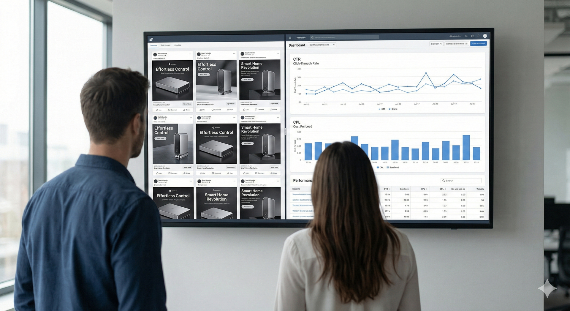 Marketing team reviewing hardware ad creatives and performance stats on a large screen