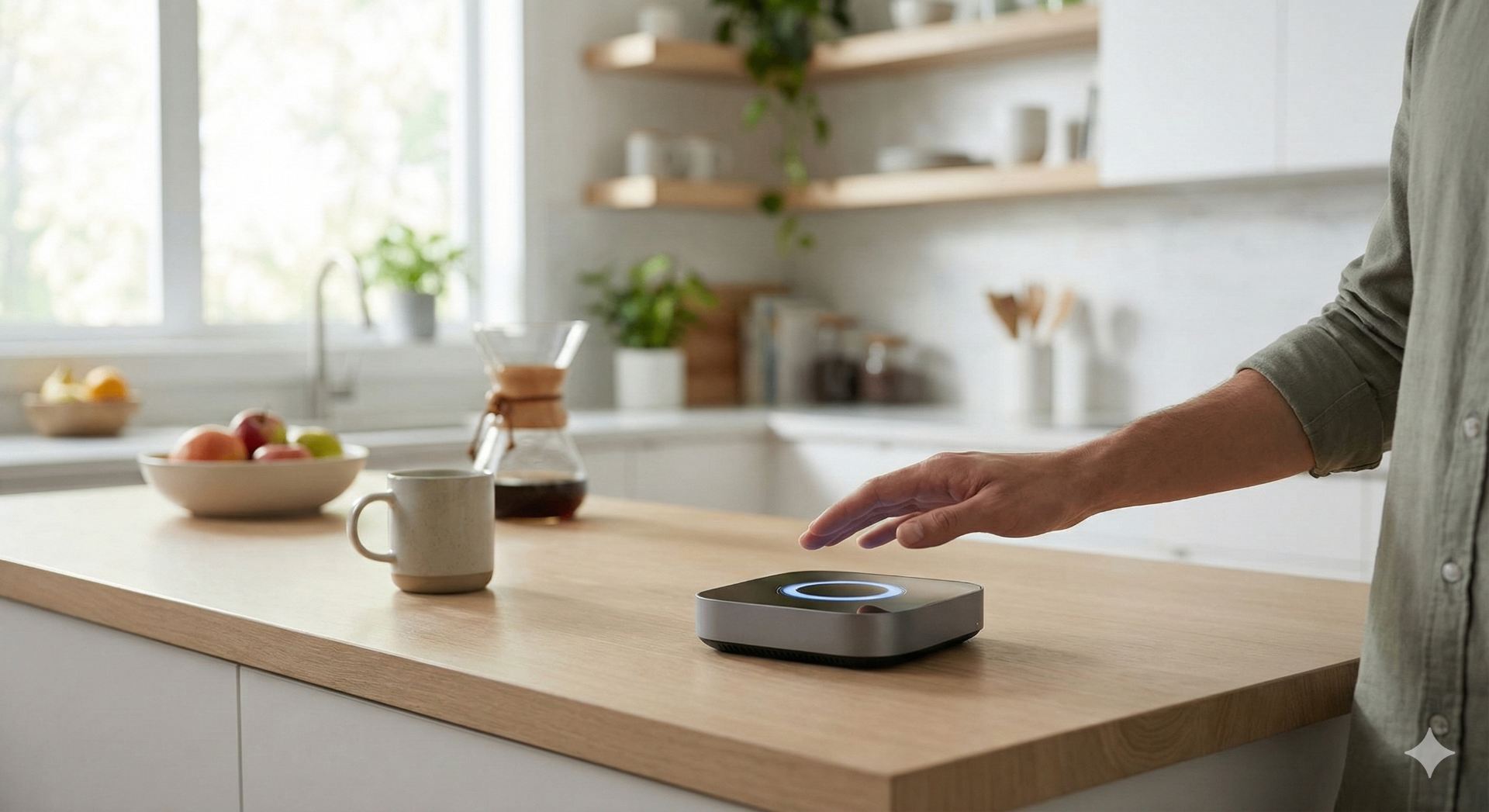 Person using an innovative hardware product at home with the device clearly visible