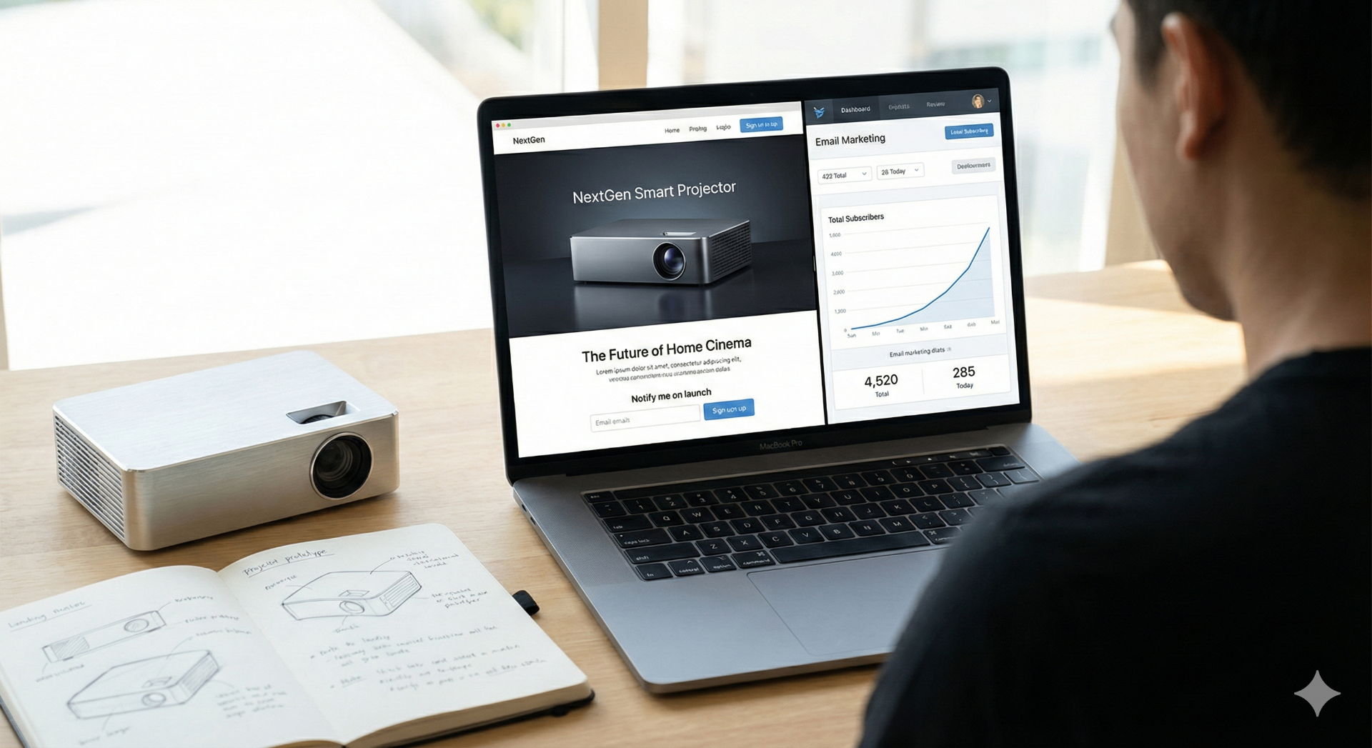 Creator reviewing a hardware pre-launch landing page and email subscriber growth
