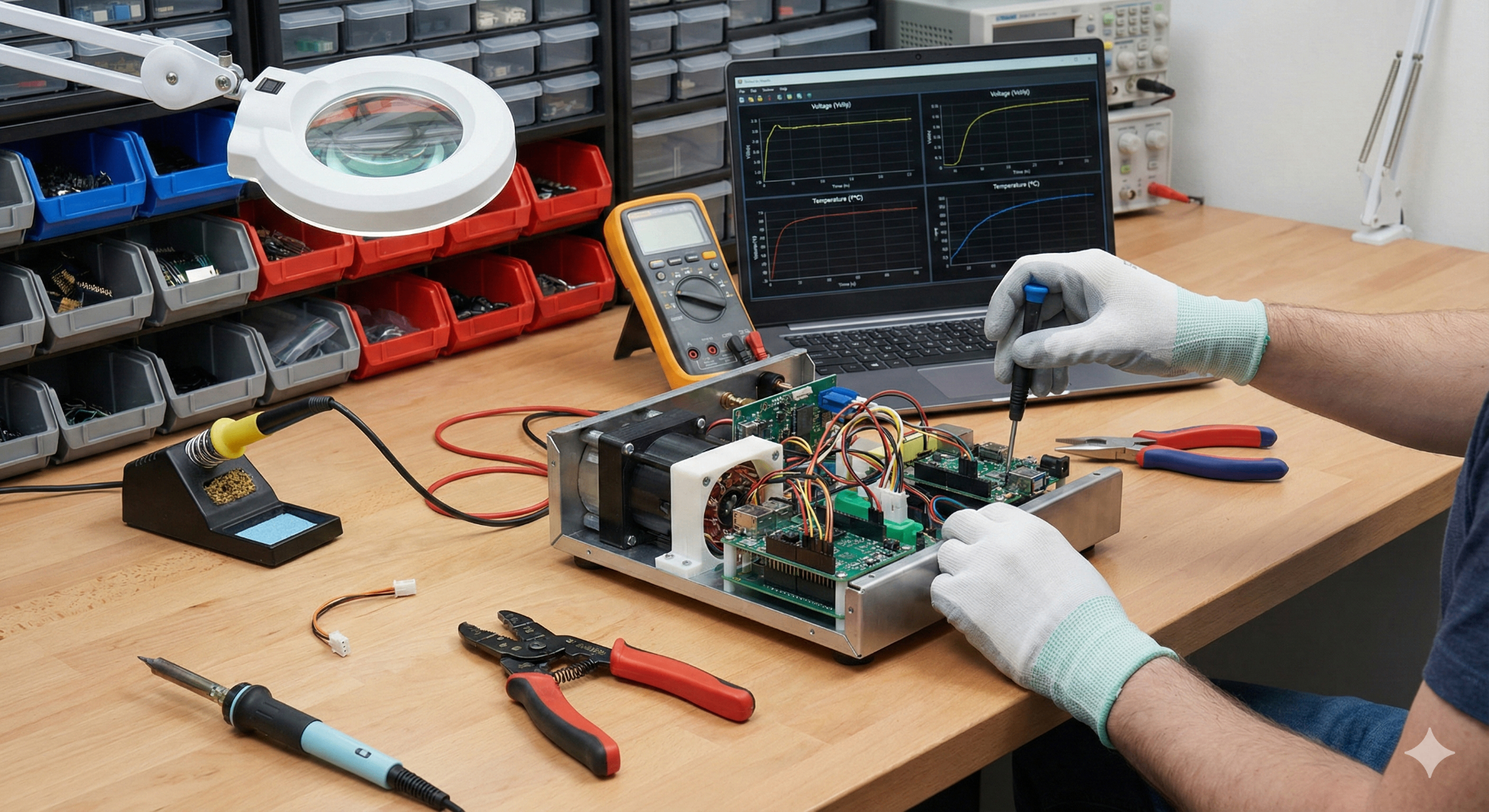 Prototype hardware device on a workbench being tested with tools and laptop nearby
