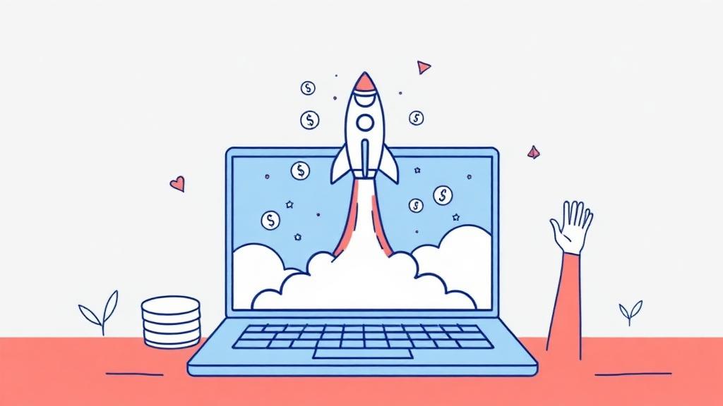 Indiegogo campaign launch illustration showing a rocket taking off from a laptop with funding symbols