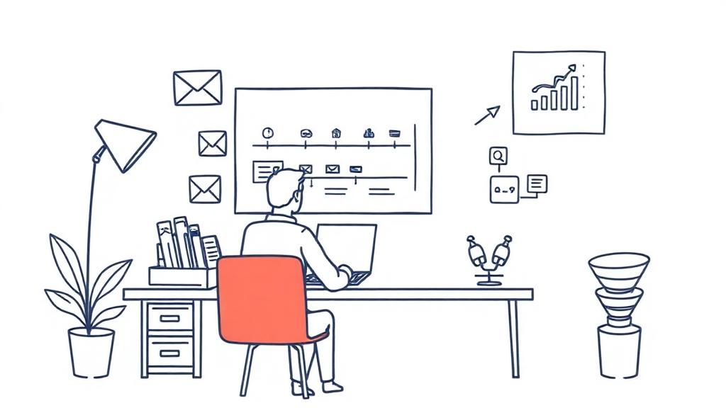 Indiegogo pre-launch planning illustration showing a person at a desk with timeline chart and email marketing symbols