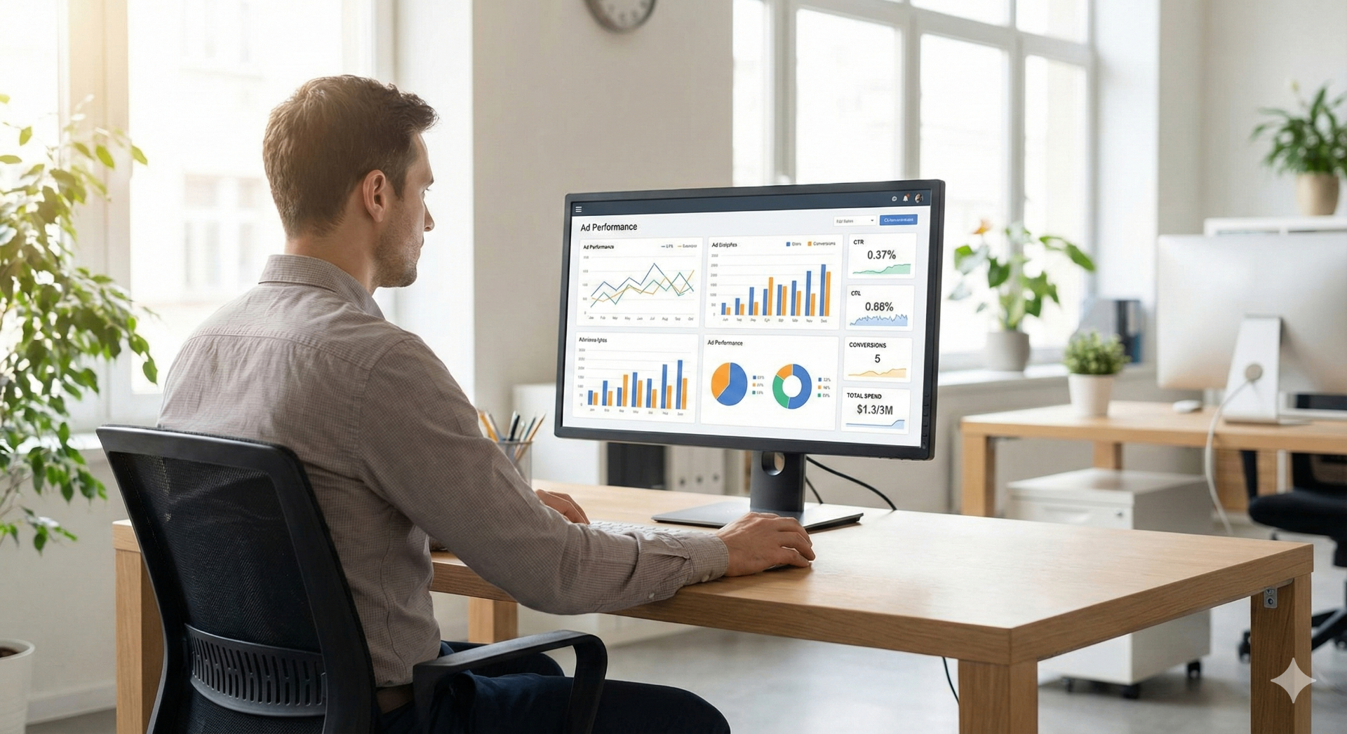 Person analysing ad performance charts for a Kickstarter campaign on a large monitor