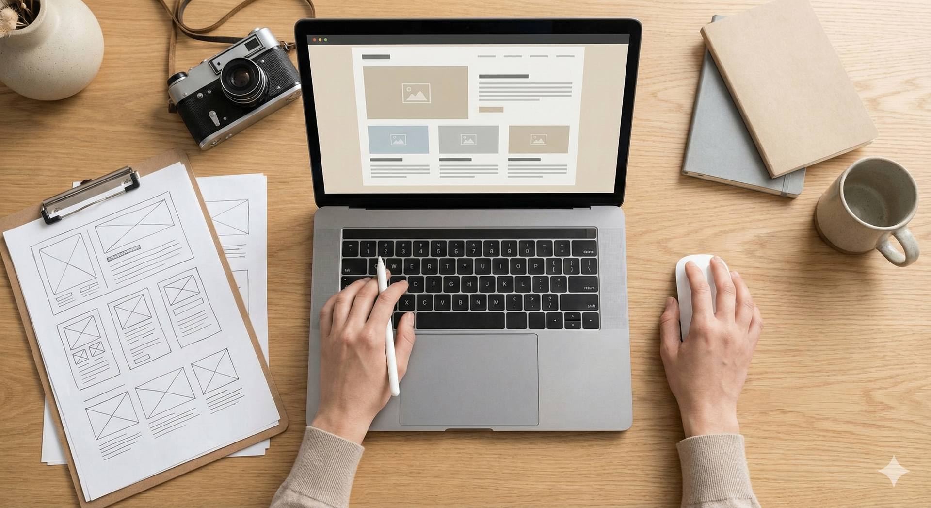 Designer working on a Kickstarter campaign page layout and product photos on a laptop