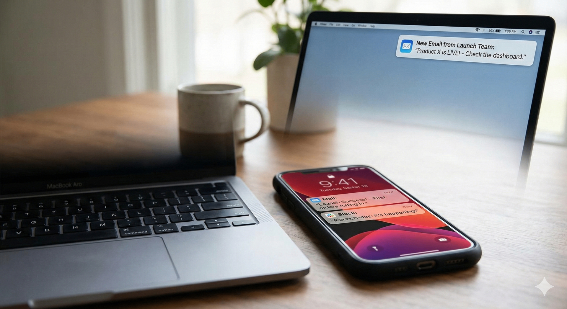 Close up of a phone and laptop showing new email notifications for a Kickstarter launch