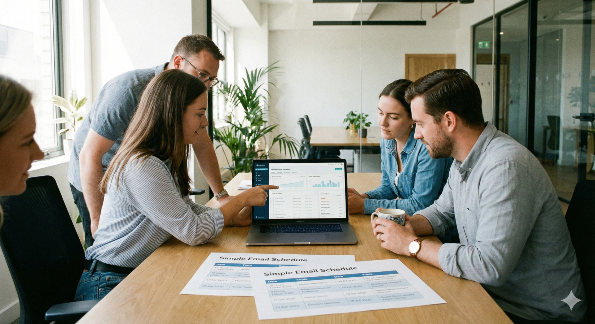Marketing team planning Kickstarter email sequences around a laptop in a bright office