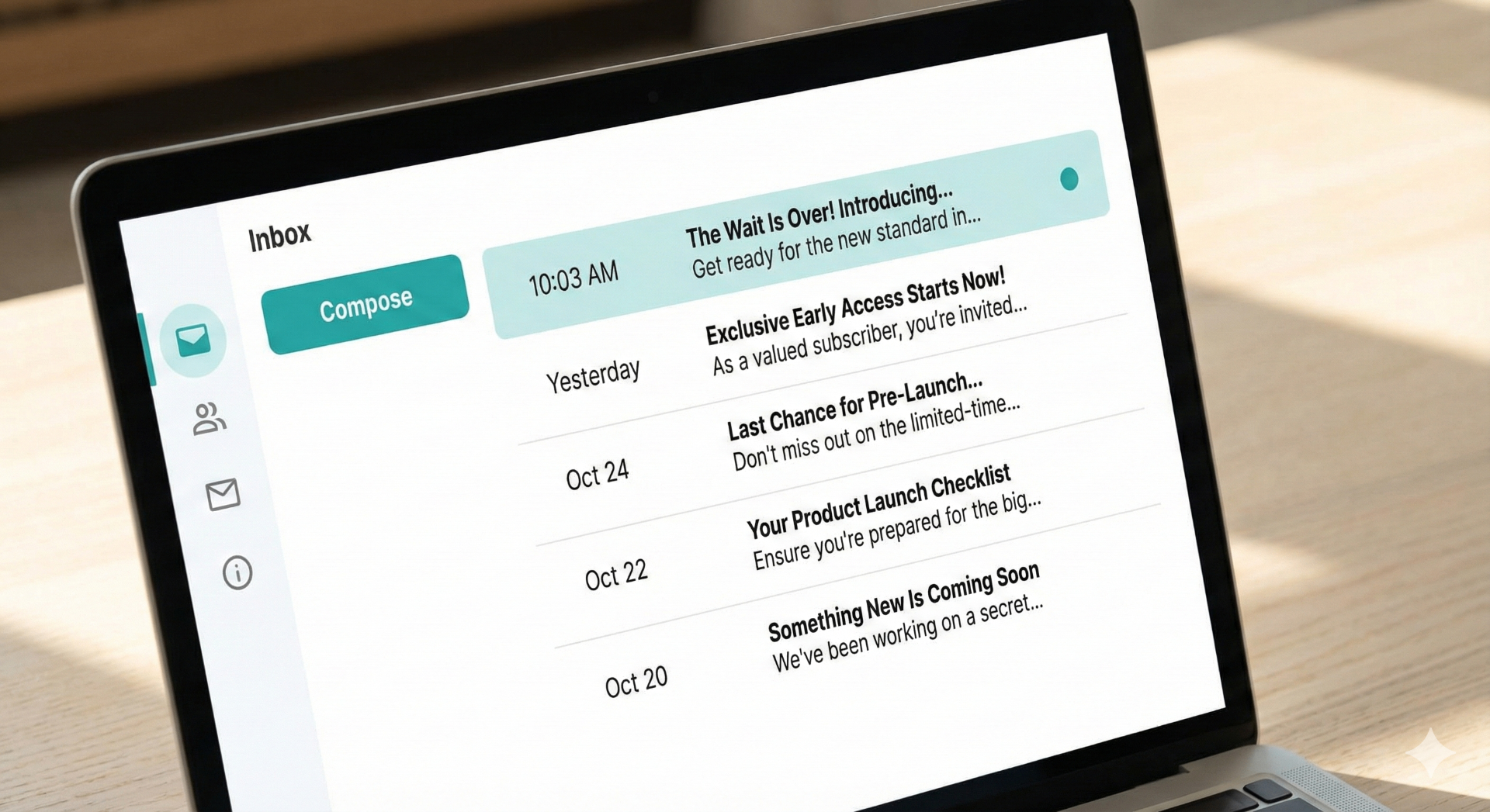 Mockup of an inbox showing clear subject lines and preview text for Kickstarter emails