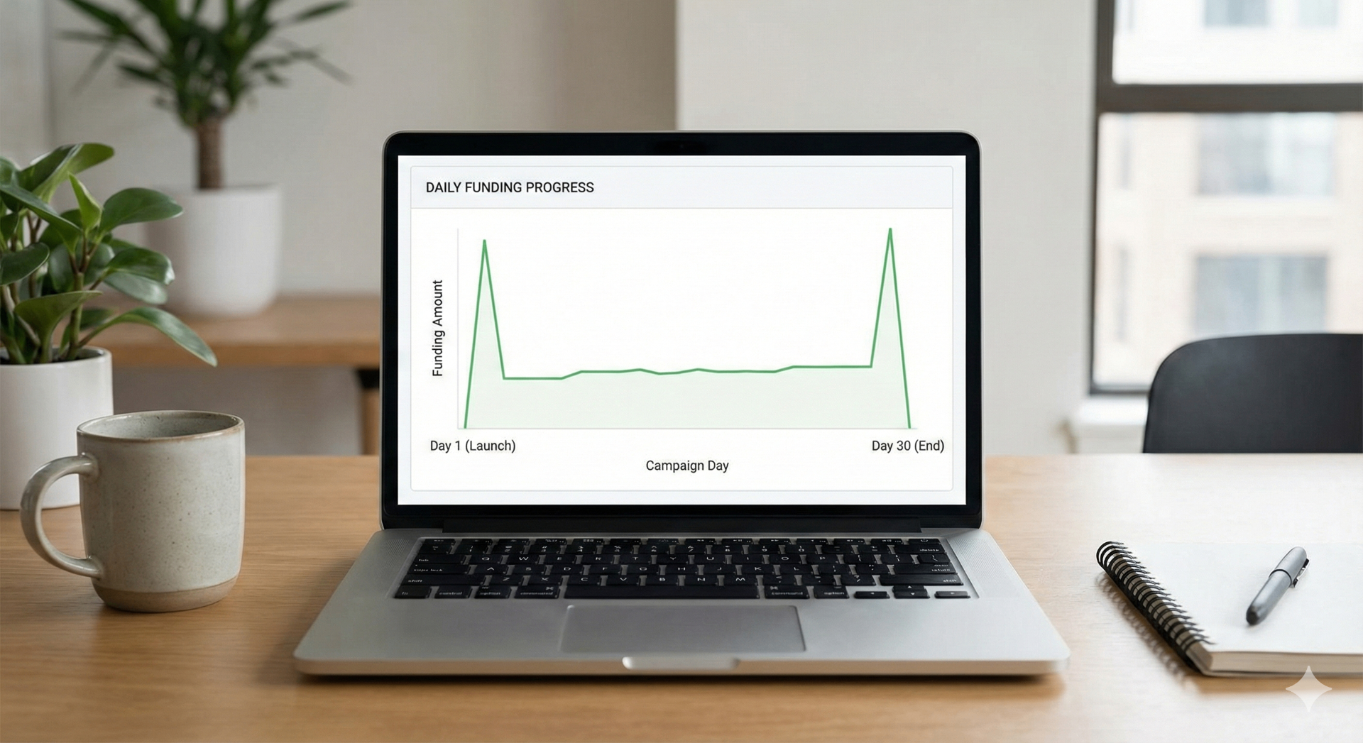 Analytics dashboard showing day by day funding progress for a live Kickstarter campaign