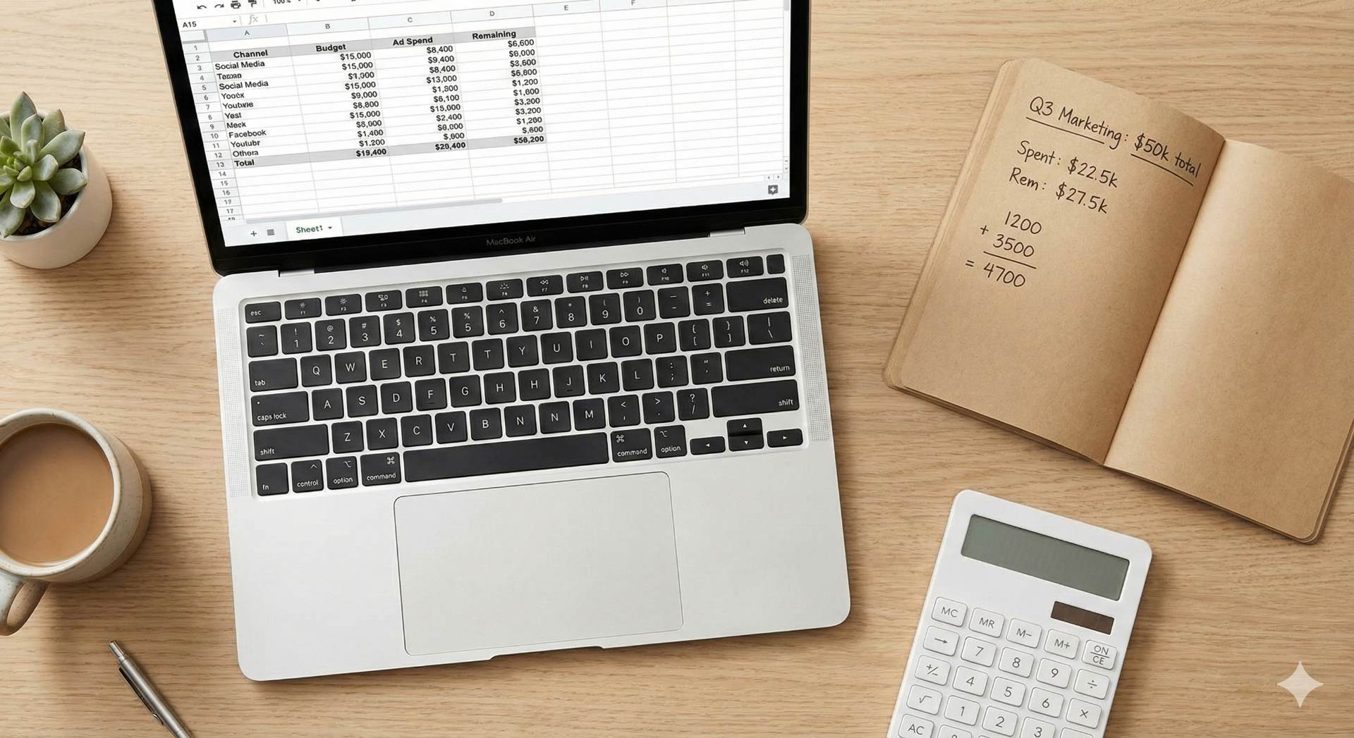Spreadsheet with marketing budget and ad spend plan for a Kickstarter campaign on a laptop next to notes and a calculator