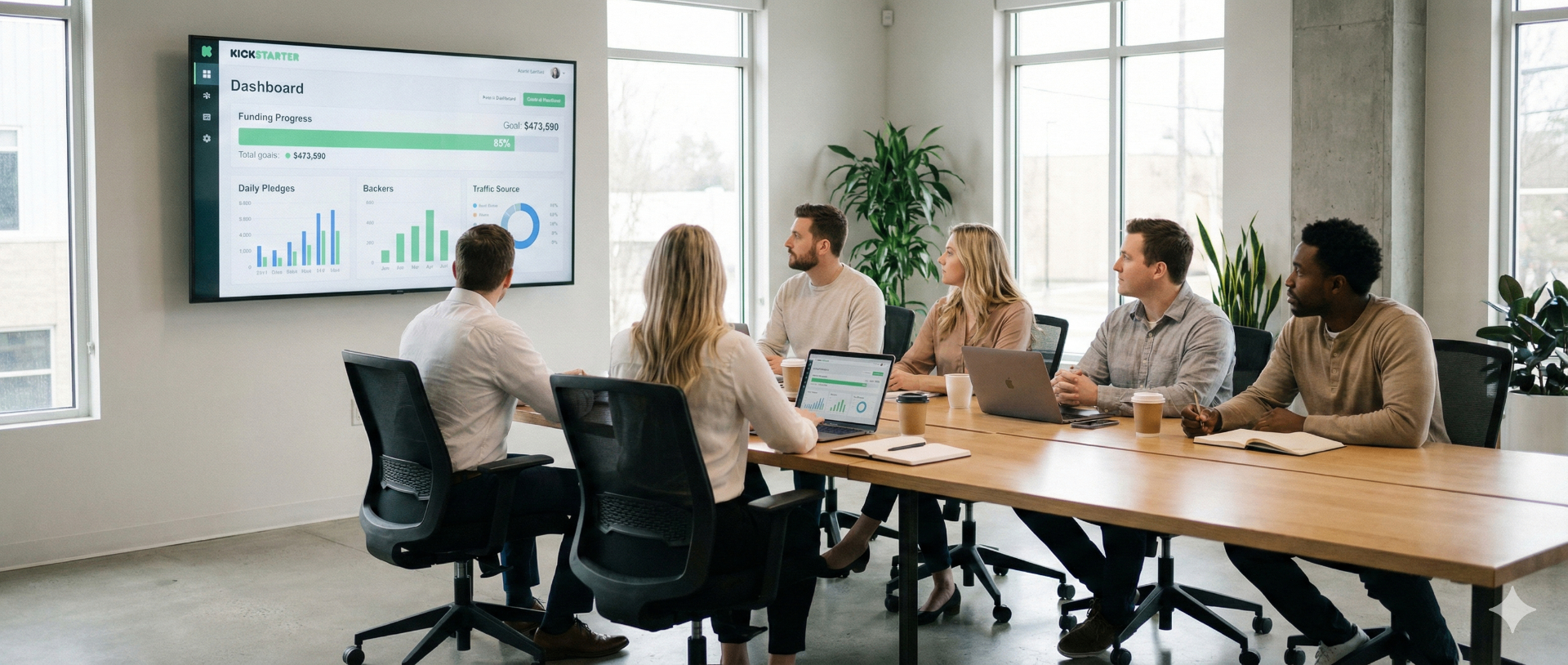 Team reviewing Kickstarter campaign performance on a laptop and large screen in an office