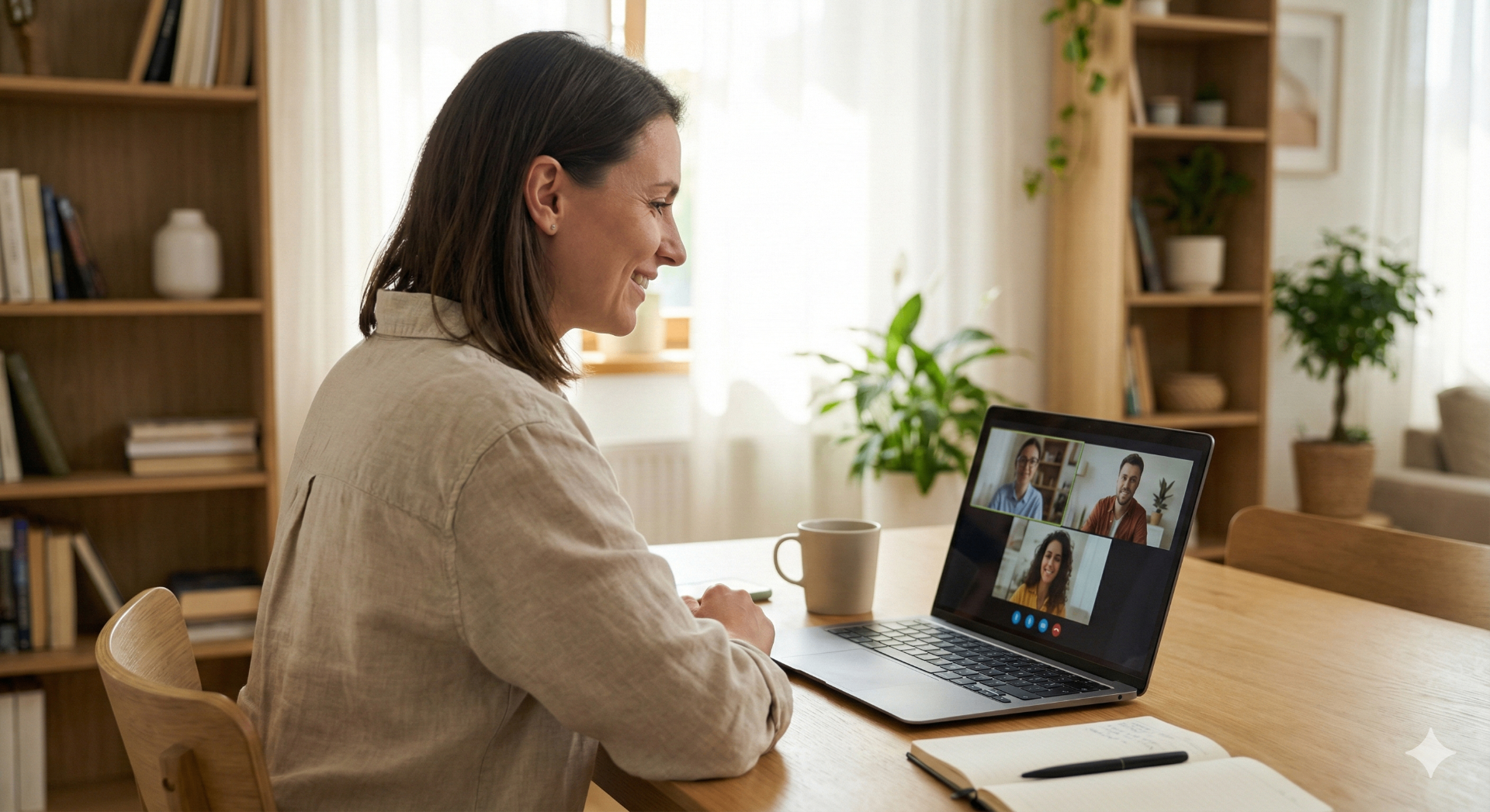Founder on a video call with a small marketing agency team discussing a Kickstarter launch