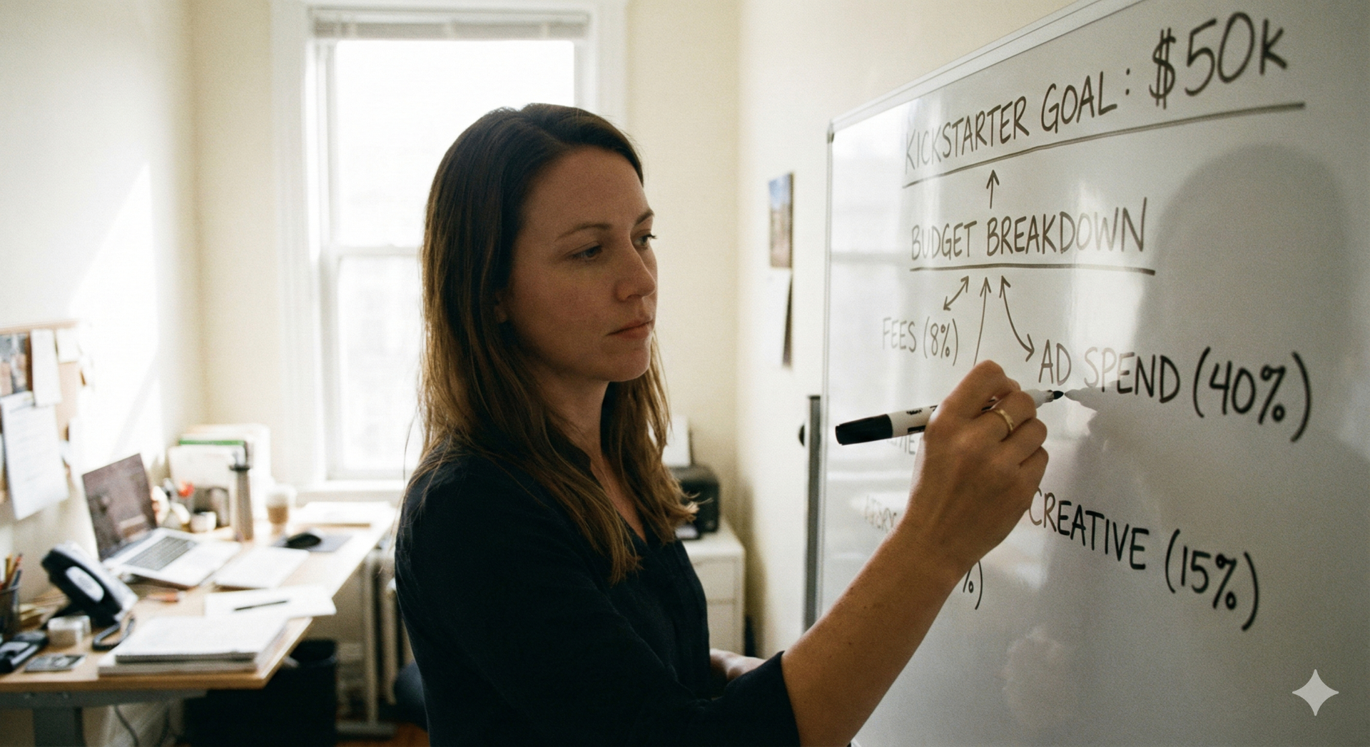 Person outlining Kickstarter marketing budget on a whiteboard with fees and ad spend