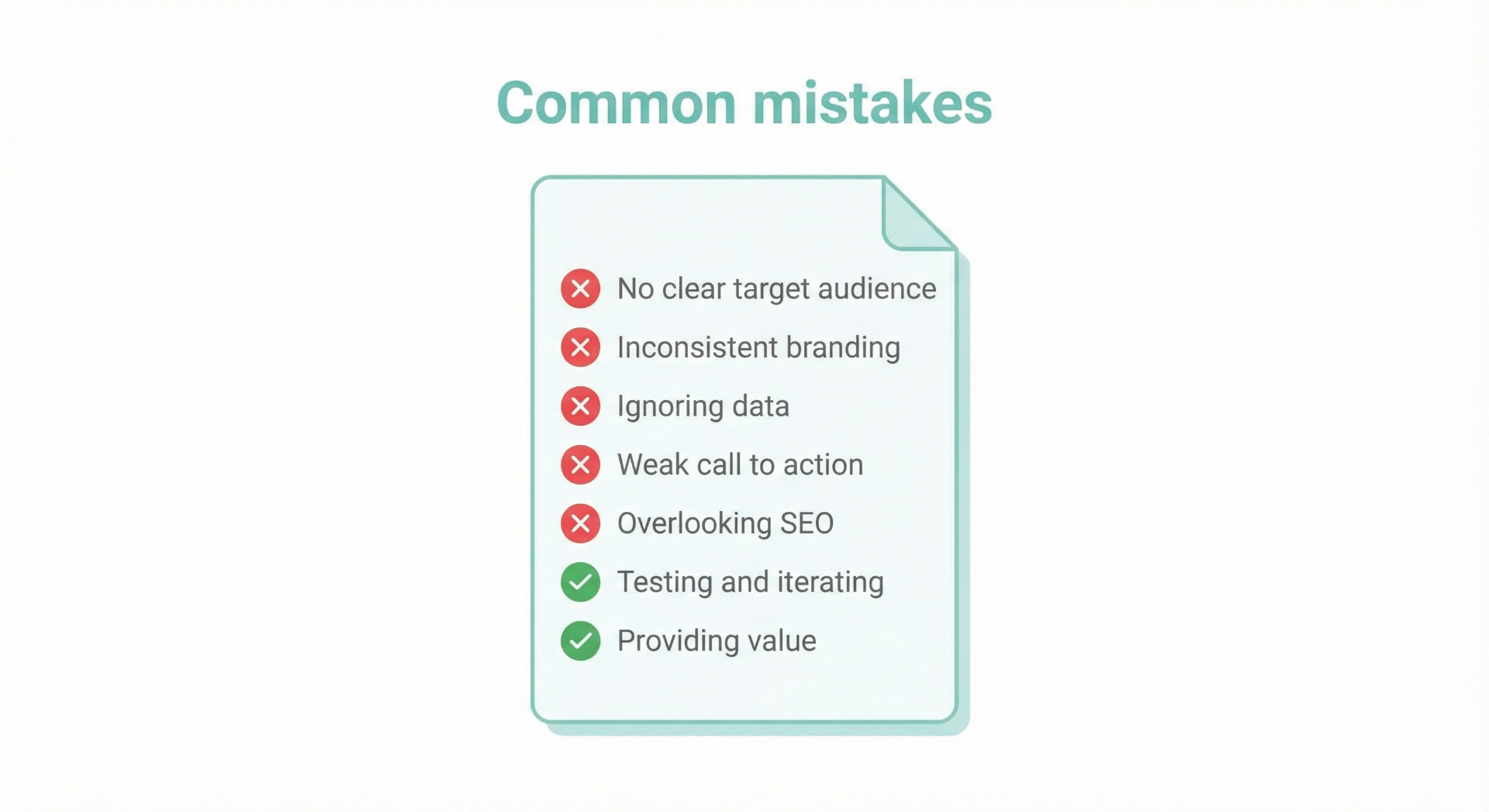 Checklist graphic highlighting common Kickstarter marketing mistakes with red crosses