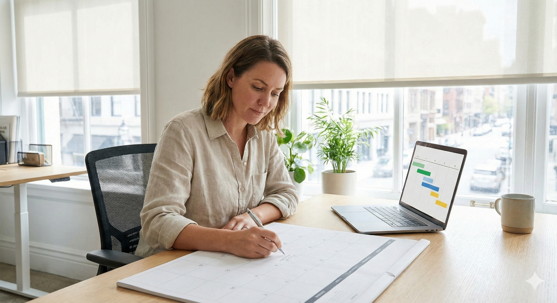 Founder planning a Kickstarter marketing timeline on a calendar next to a laptop
