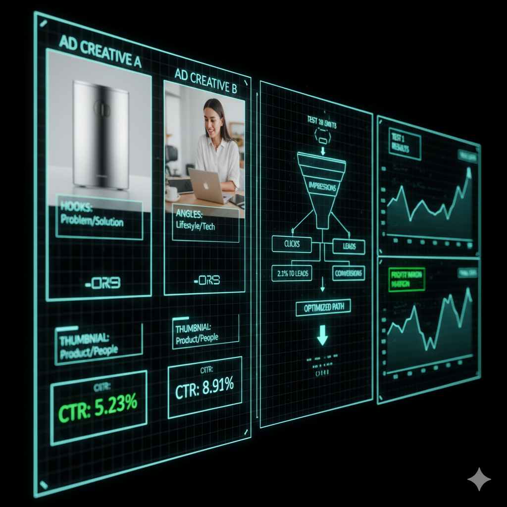 Kickstarter Meta ads testing dashboard - creative A/B testing with CTR metrics, conversion funnel optimization and profit margin tracking for crowdfunding campaigns