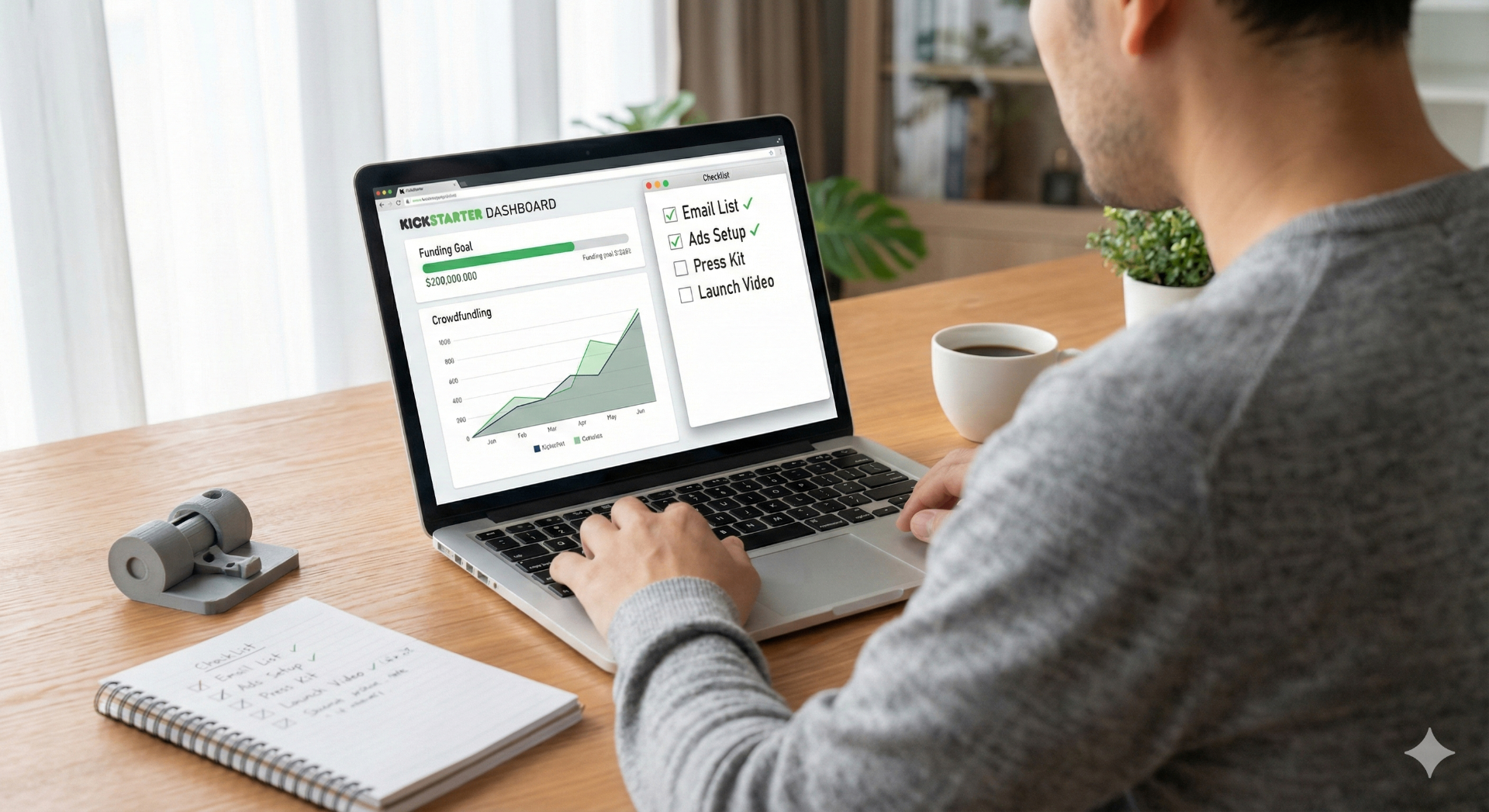 Kickstarter creator looking at a funding dashboard and pre-launch checklist on a laptop