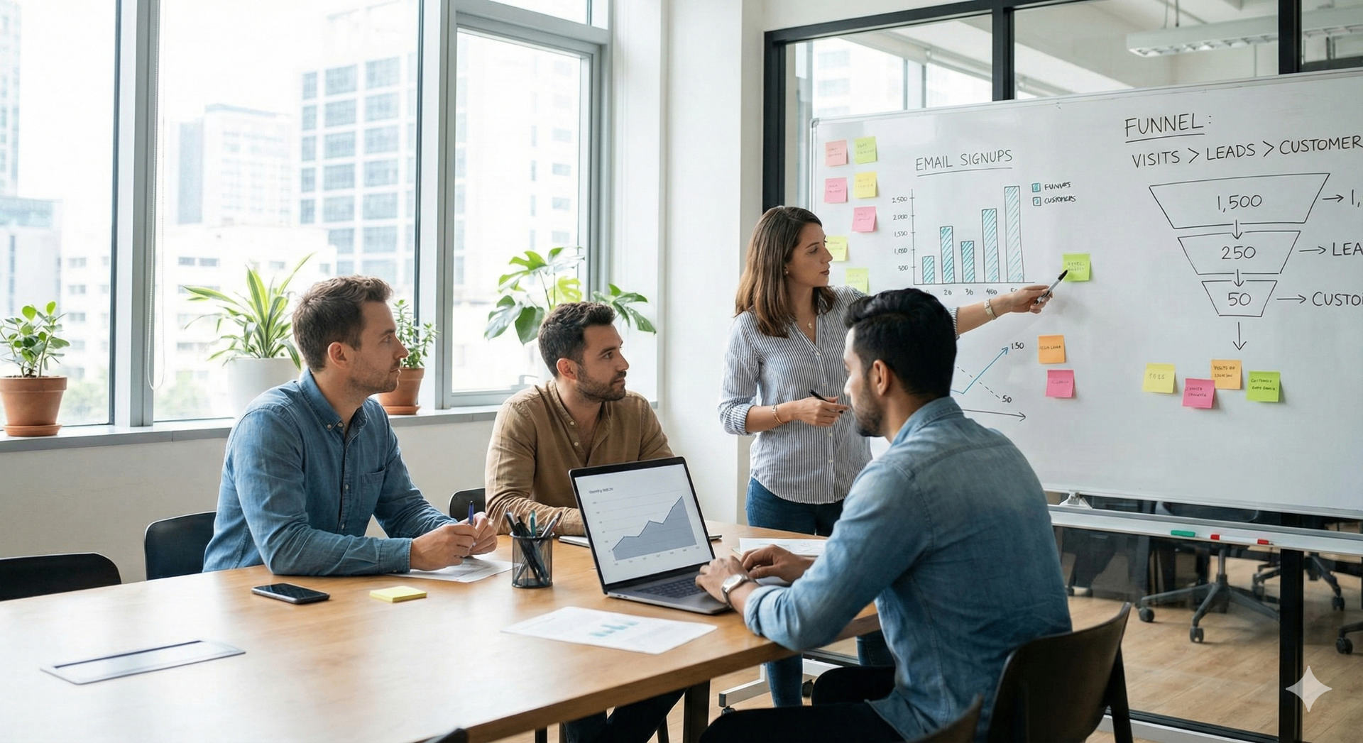 Small marketing team reviewing email signup numbers for a Kickstarter pre launch on a laptop and whiteboard