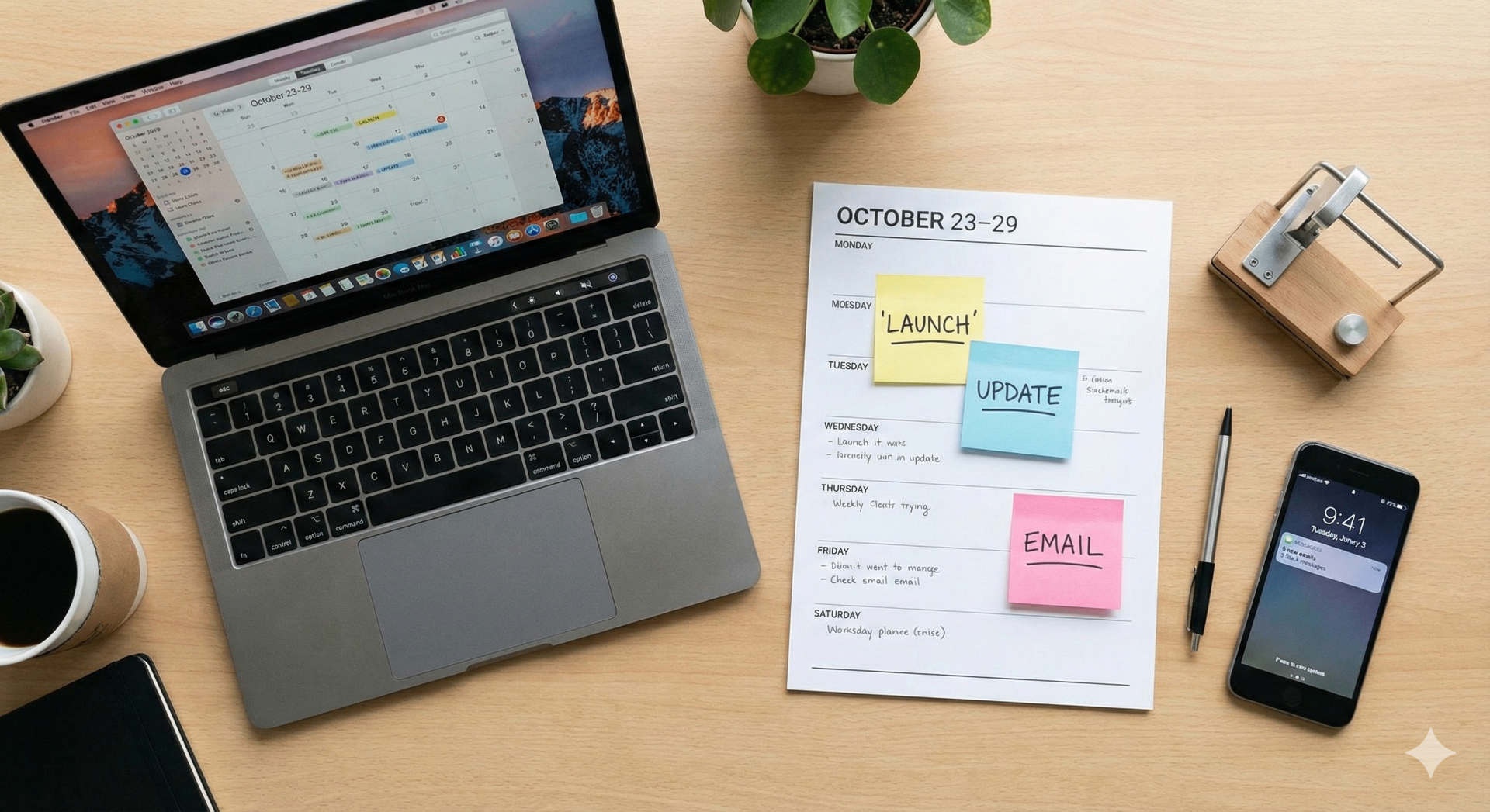 Printed calendar and laptop showing a planned launch week schedule for a Kickstarter campaign
