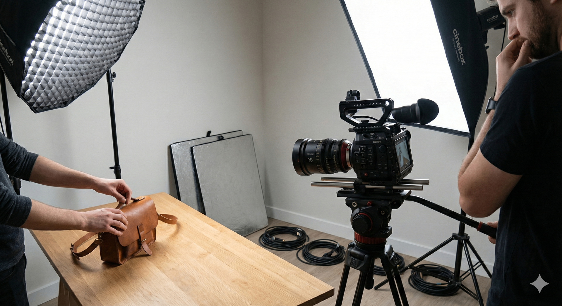 Video and photo crew filming a product on a table for a Kickstarter campaign