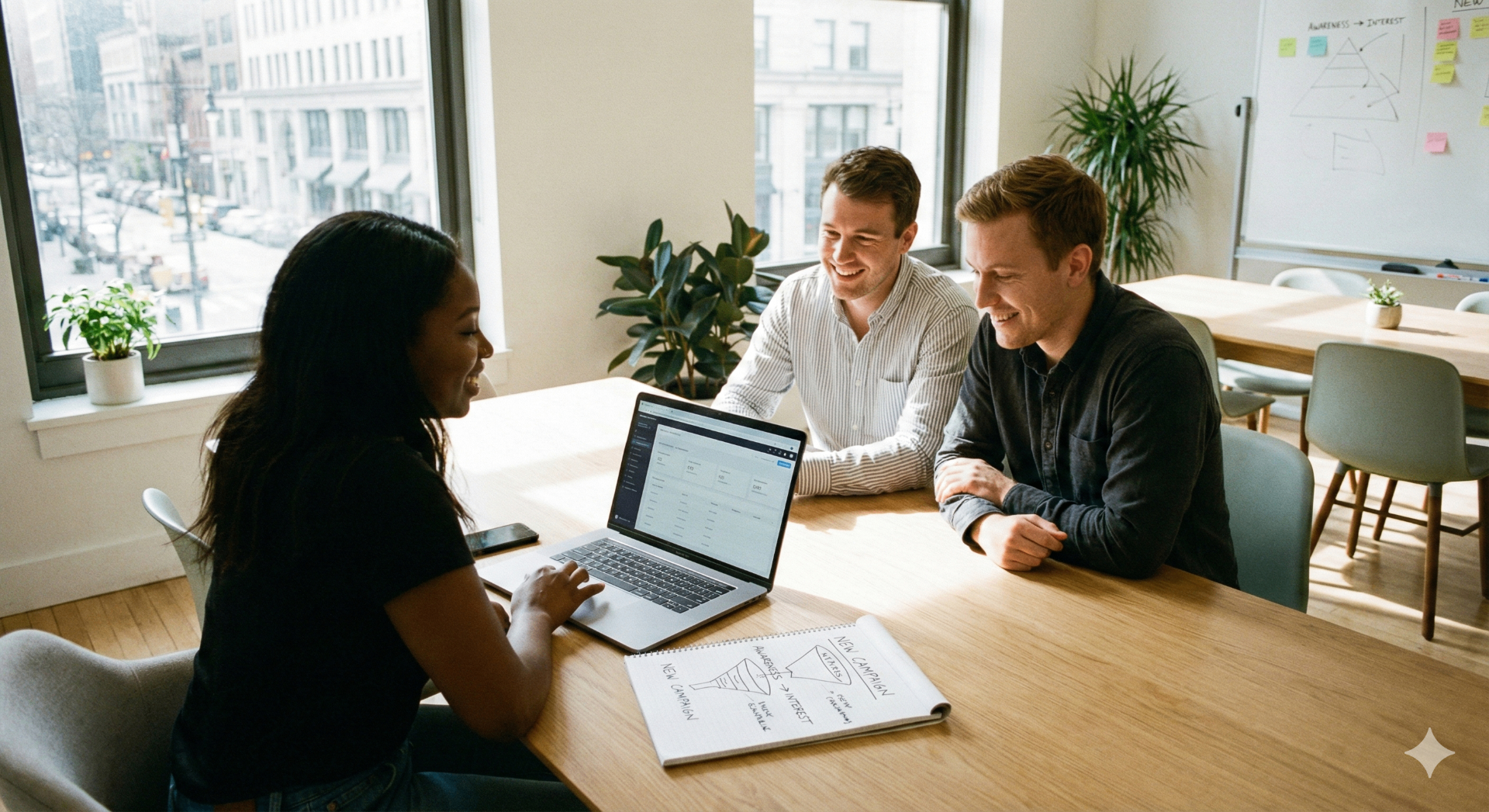 Small team in a meeting room defining Kickstarter strategy with notes and a laptop