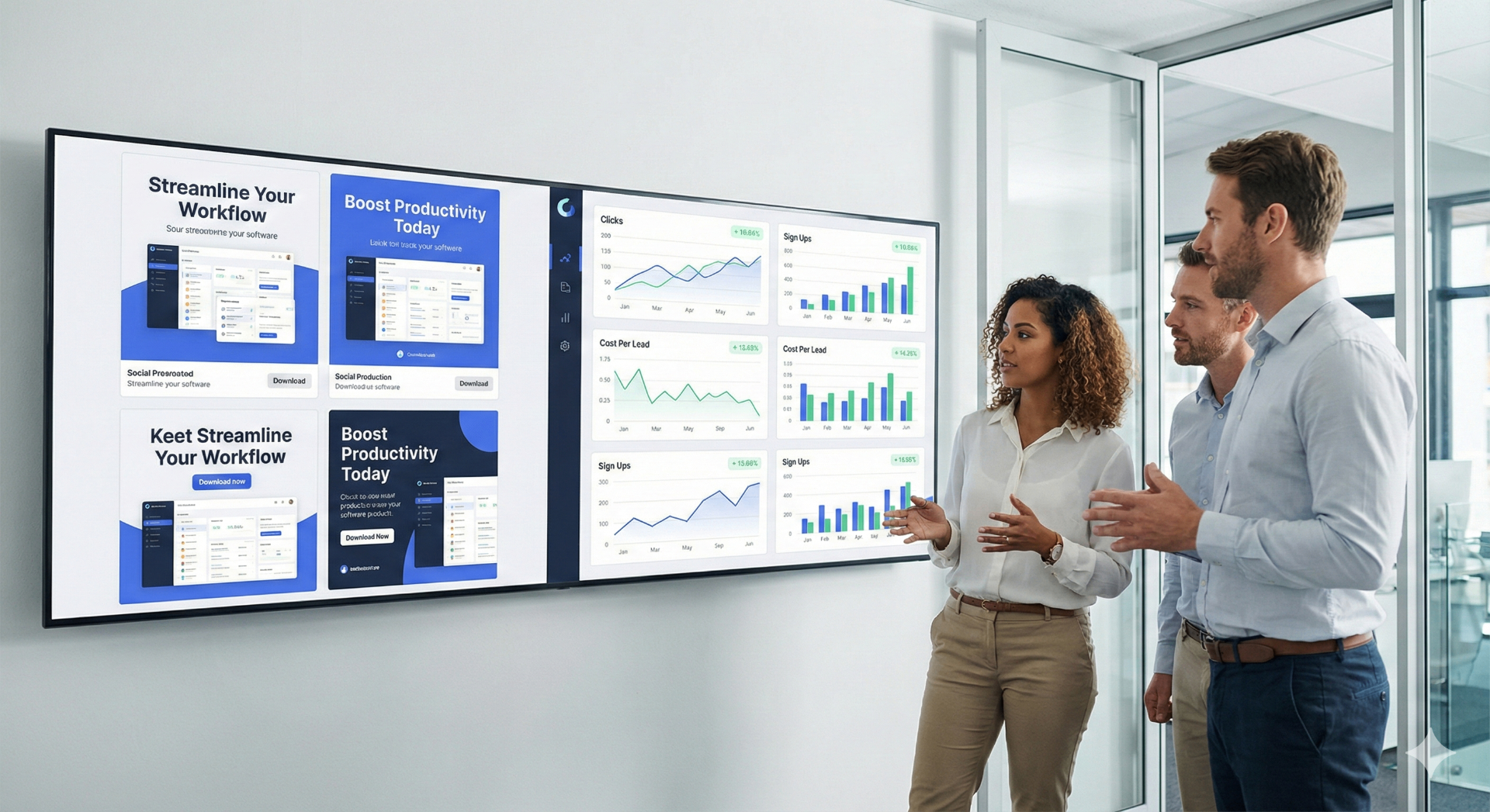 Marketing team looking at software ad creatives and performance charts on a big screen