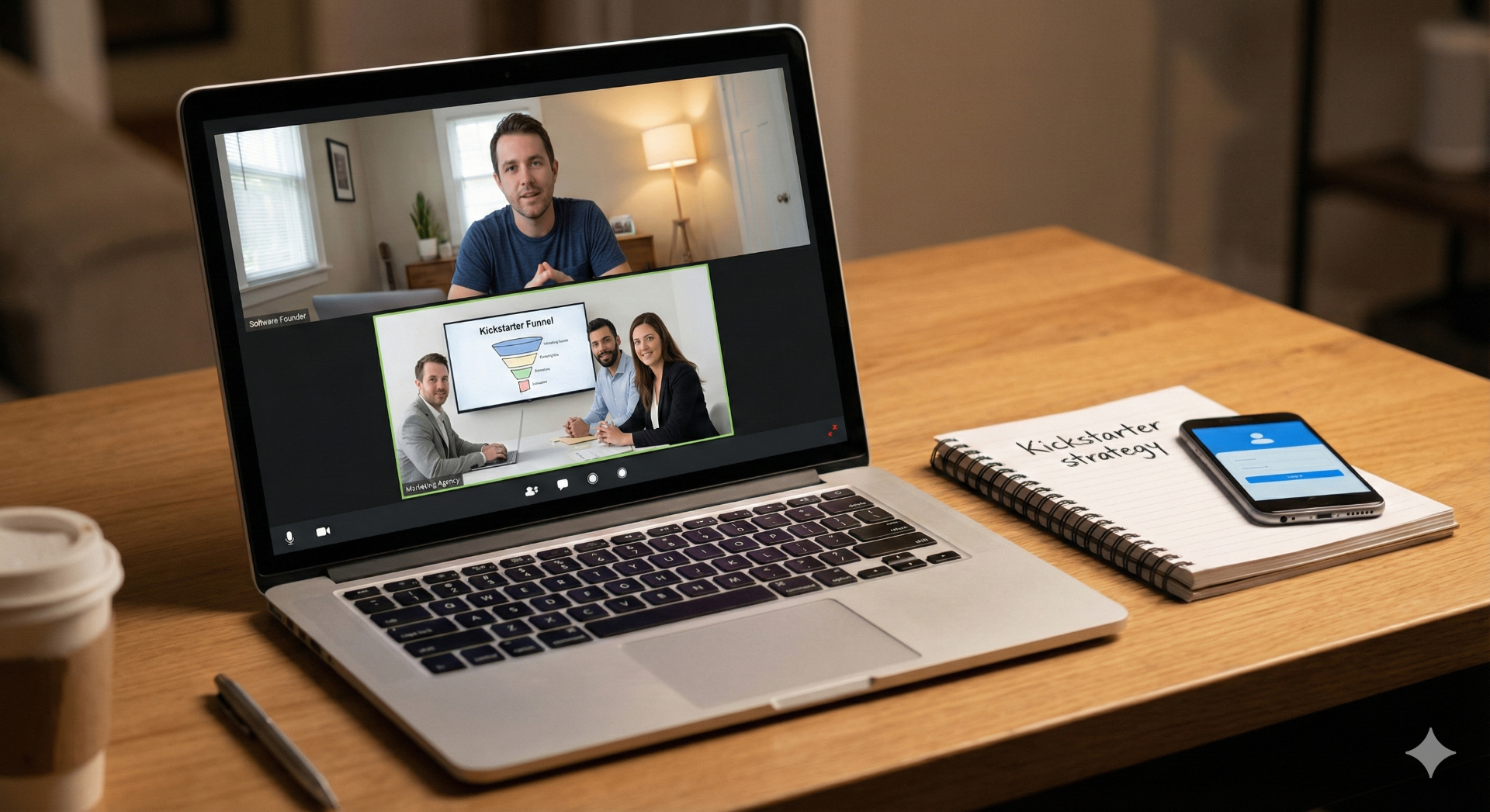 Software founder on a video call with a Kickstarter marketing agency discussing launch strategy