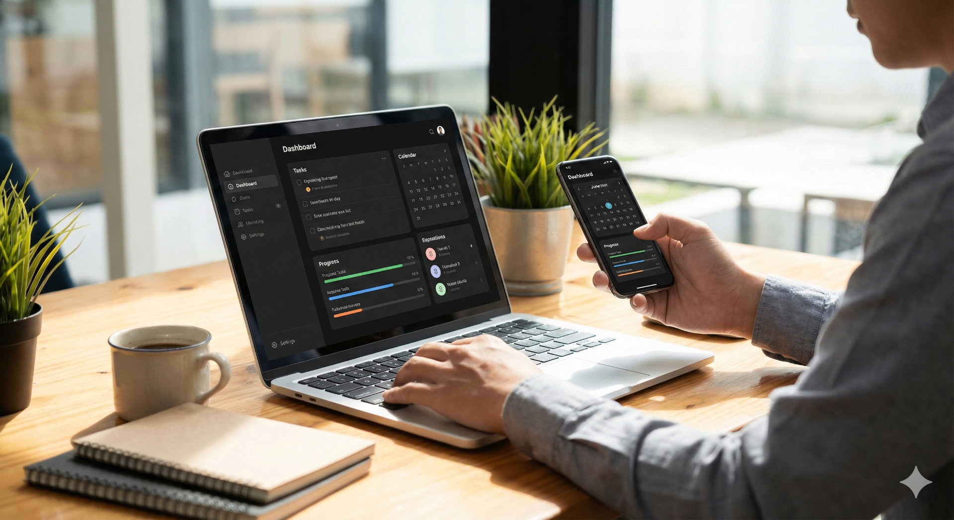 Person using a new productivity app on a laptop and phone at a desk