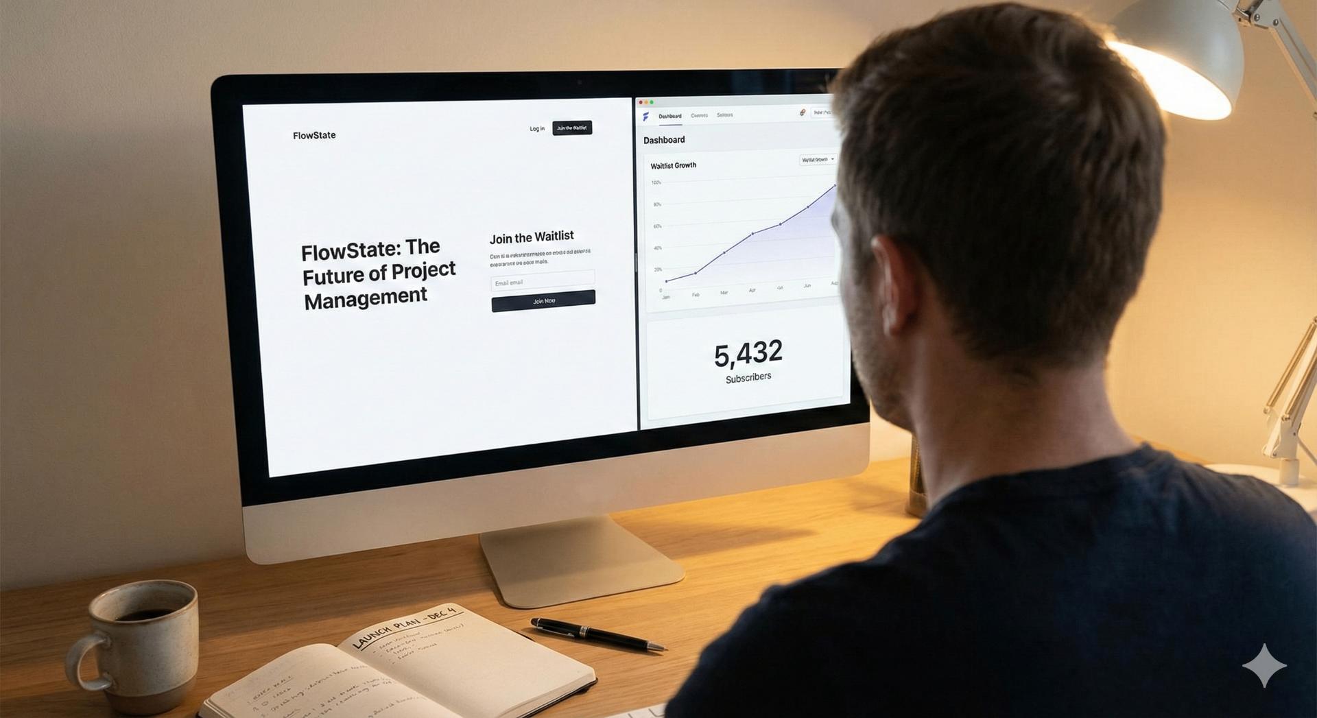 Founder reviewing a pre-launch landing page and waitlist numbers for a software Kickstarter