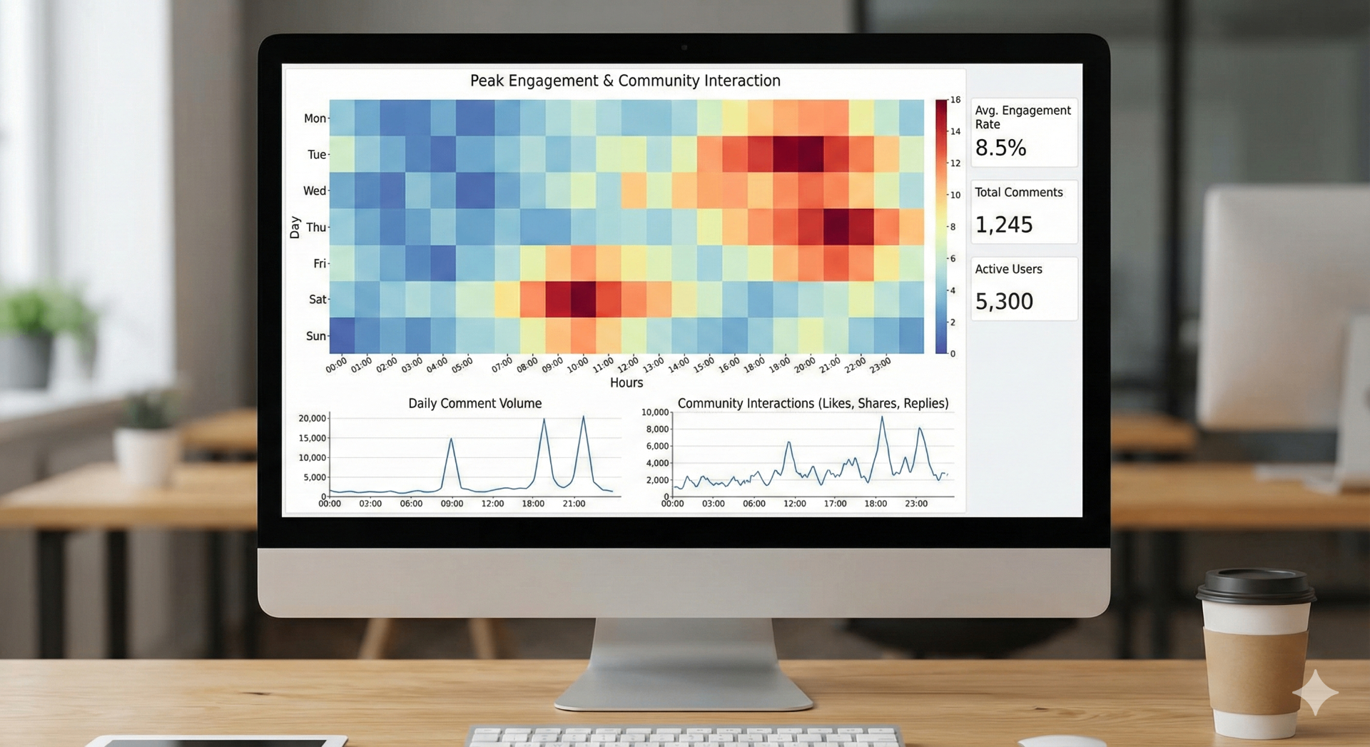 Backer engagement heatmap showing peak engagement times, daily comment volume, and community interactions