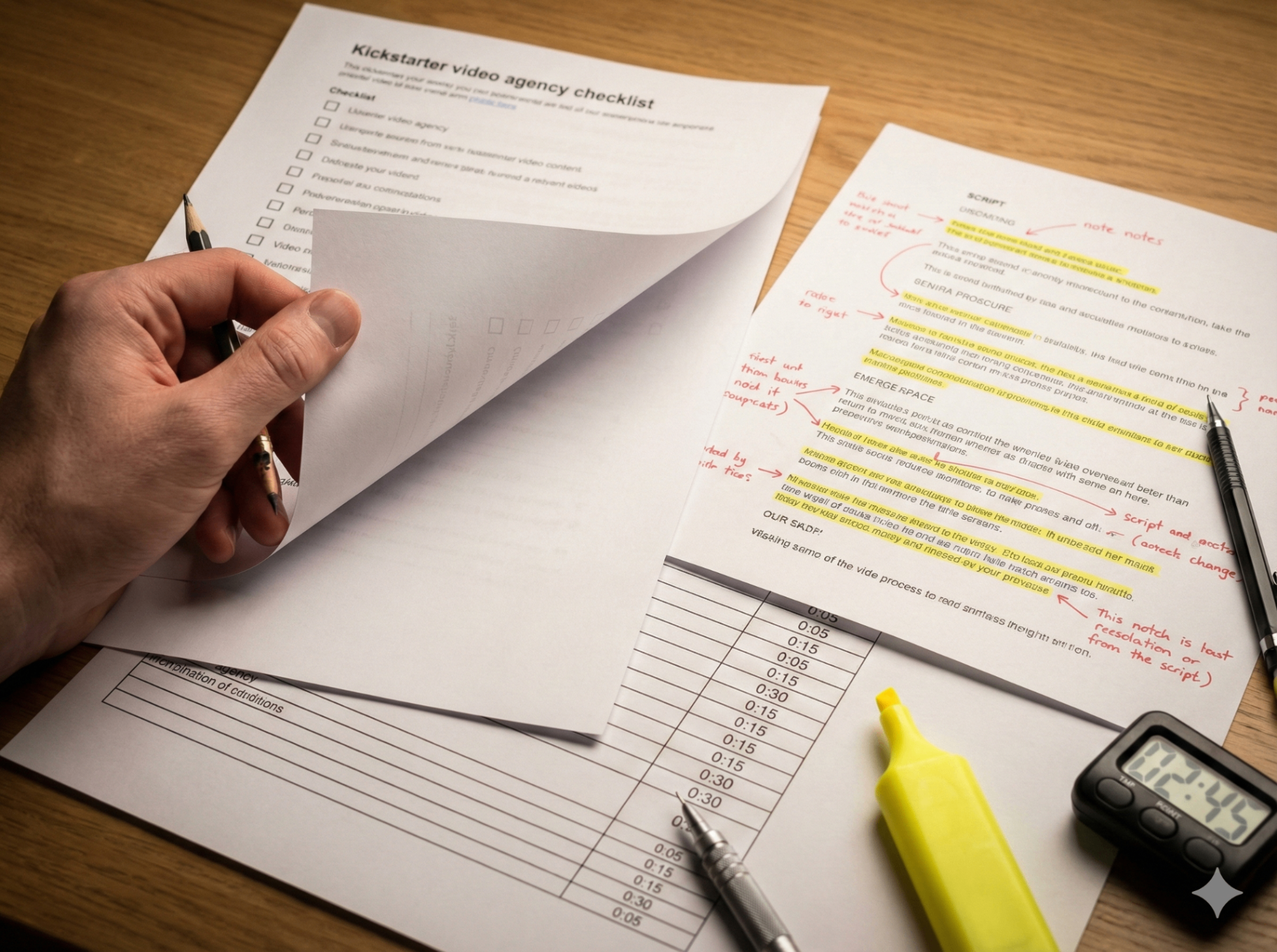 Kickstarter video agency checklist with script notes, timing, and revision marks for 2026 campaign planning