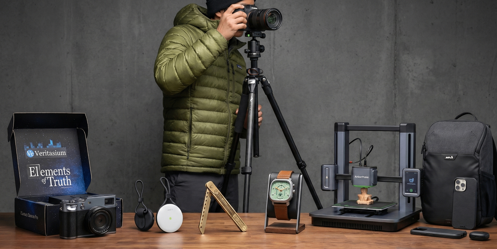 A collection of high-profile 2025 crowdfunding projects, including the Peak Design Pro Tripod, Veritasium's Elements of Truth, the AnkerMake 3D Printer, the Hacksmith Smith Blade, the Xeric Retroscope watch, the Amofit S wearable, and the iContact Camera Pro, all showcased on a wooden table