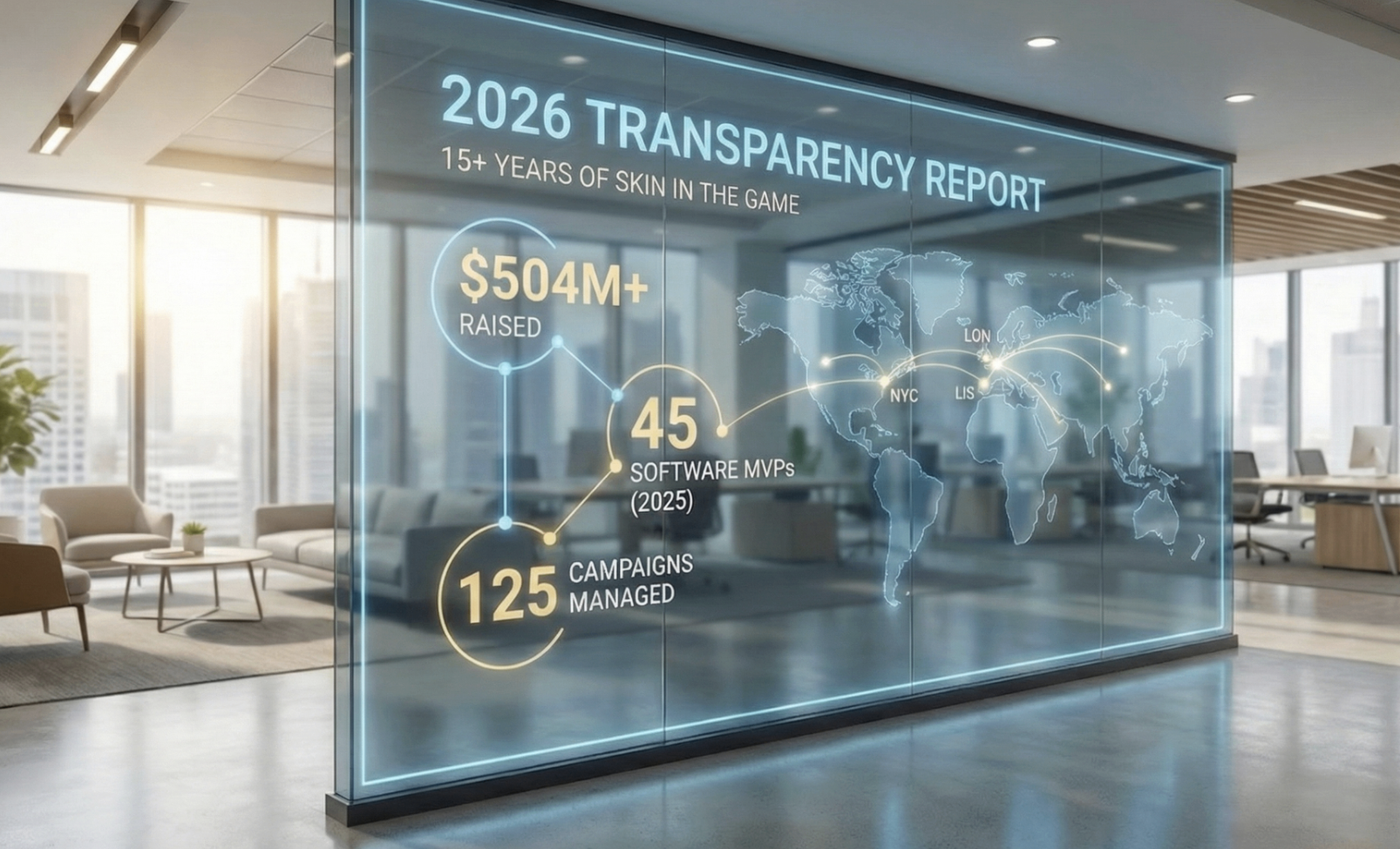 BoostYourCampaign 2026 Transparency Report showing $504M+ raised, 45 software MVPs in 2025, 125 campaigns managed, with global offices in NYC, London, and Lisbon displayed on a glass screen in a modern office