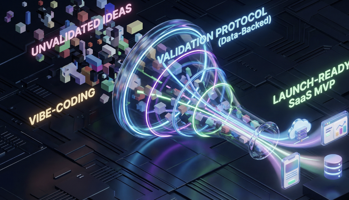 A modern isometric 3D render showing the BoostYourCampaign digital filtering process, where unvalidated software ideas and vibe-coding are refined into launch-ready SaaS MVP icons through a data-backed validation protocol.