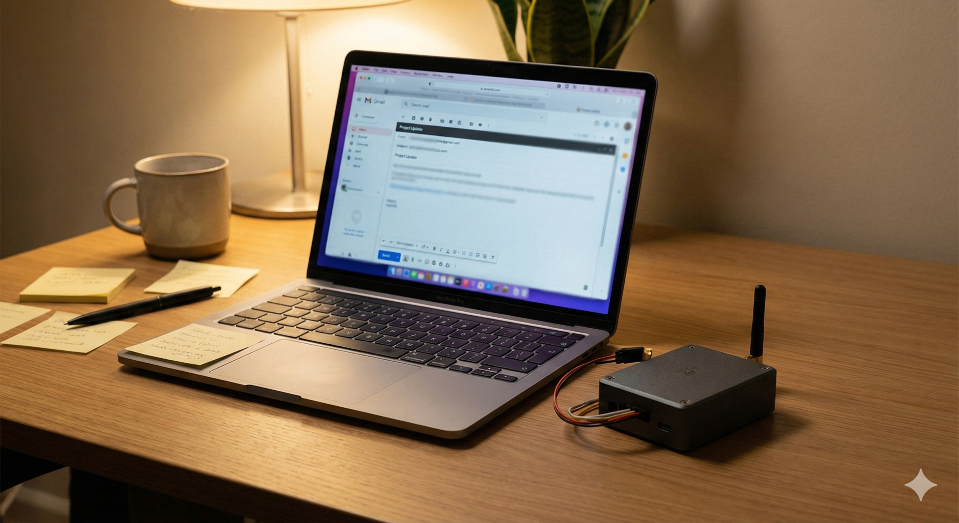 Laptop screen with a backer update email draft and a physical product sample on the desk