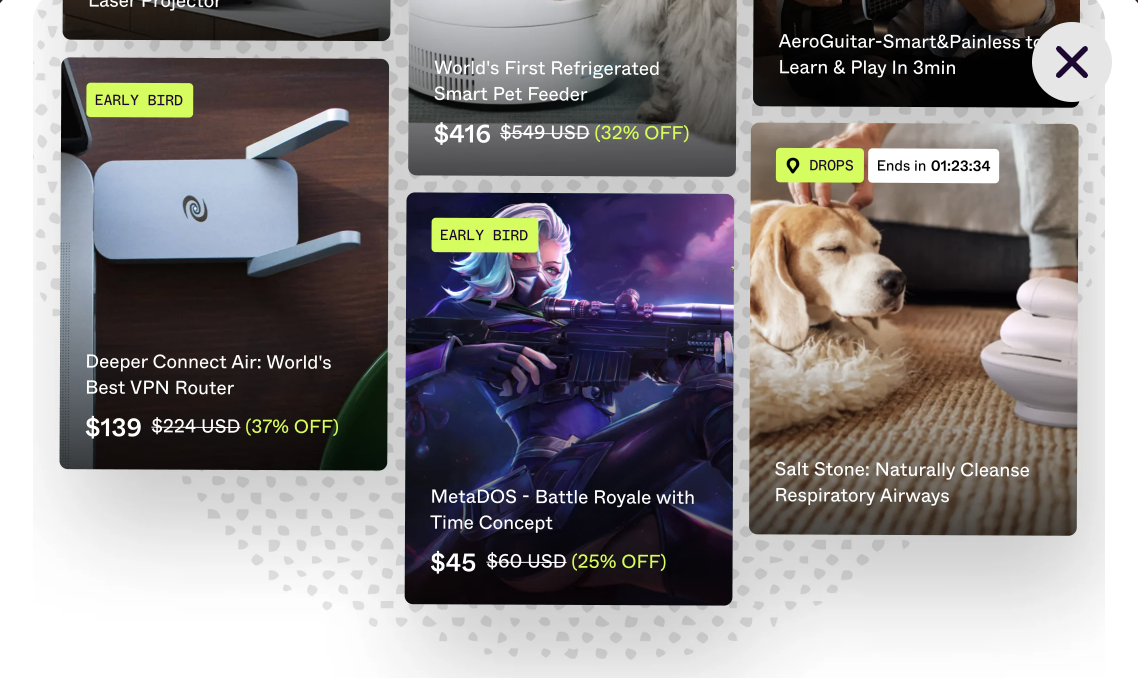 Kickstarter campaigns showing various funded projects across different categories