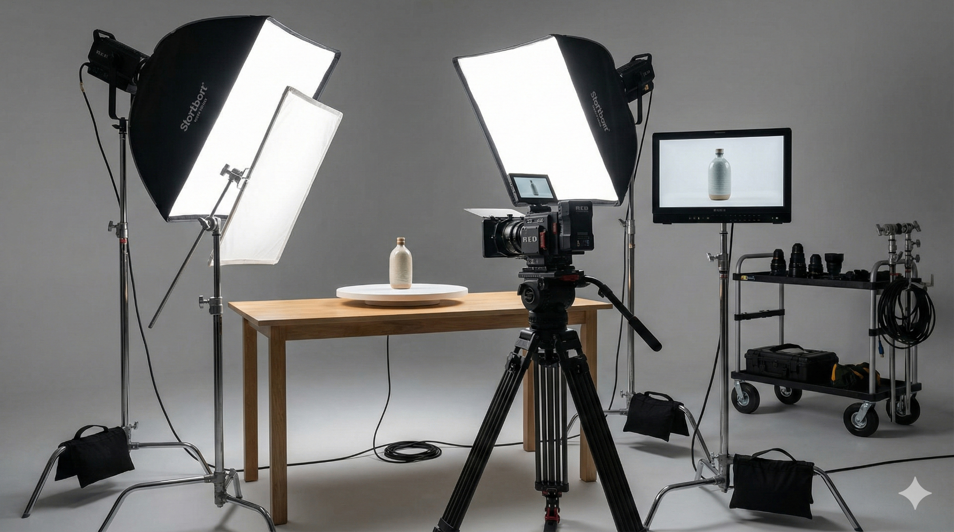 BoostYourCampaign in-house video studio with professional lighting, RED camera, and product turntable for Kickstarter campaign production