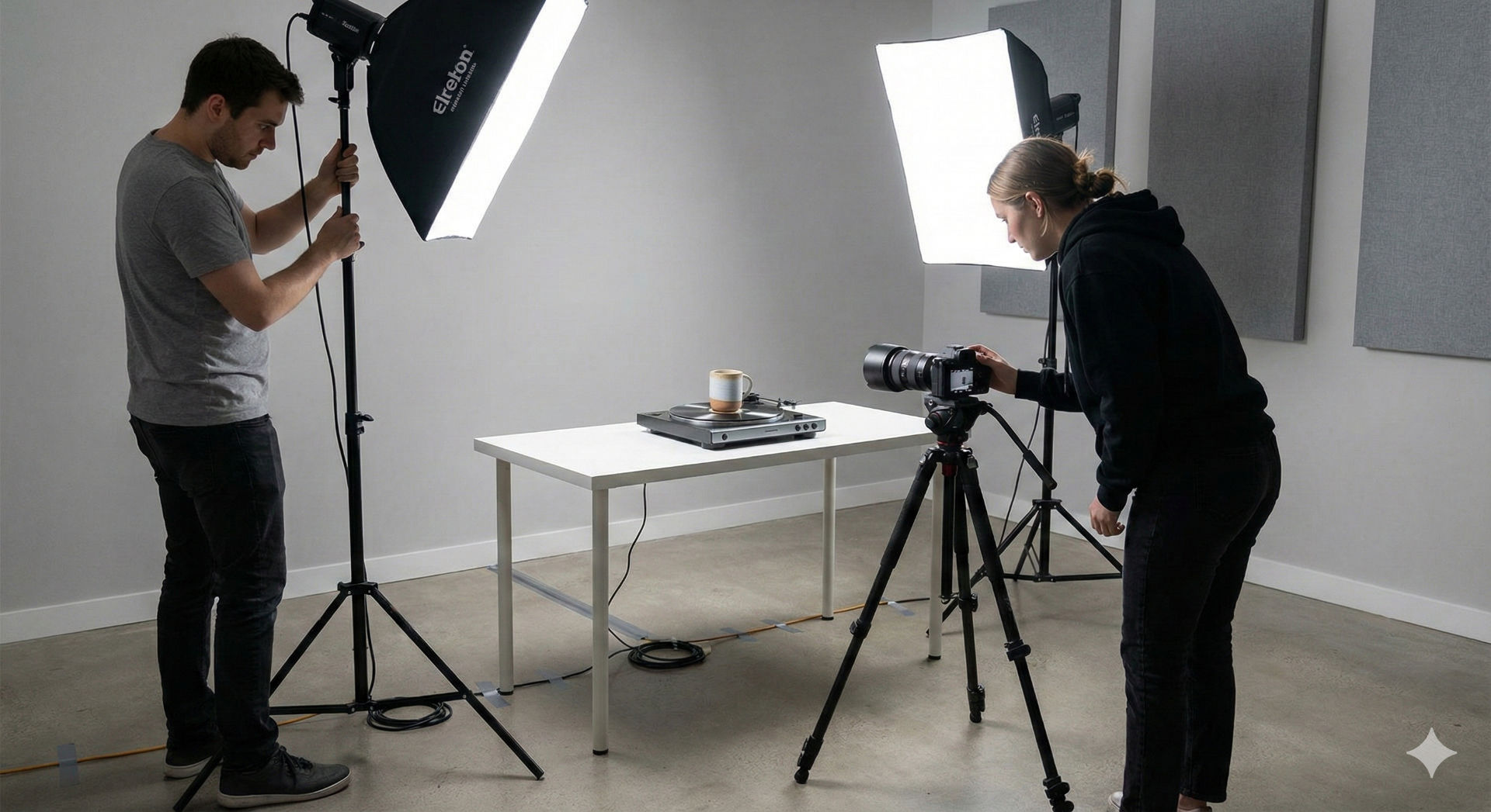 Video team filming a product on a turntable in a small studio for a Kickstarter campaign