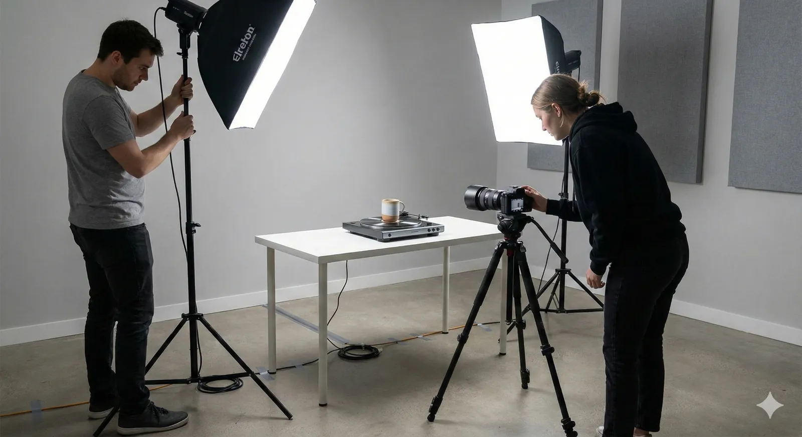 Video team filming a product on a turntable in a small studio for a Kickstarter campaign