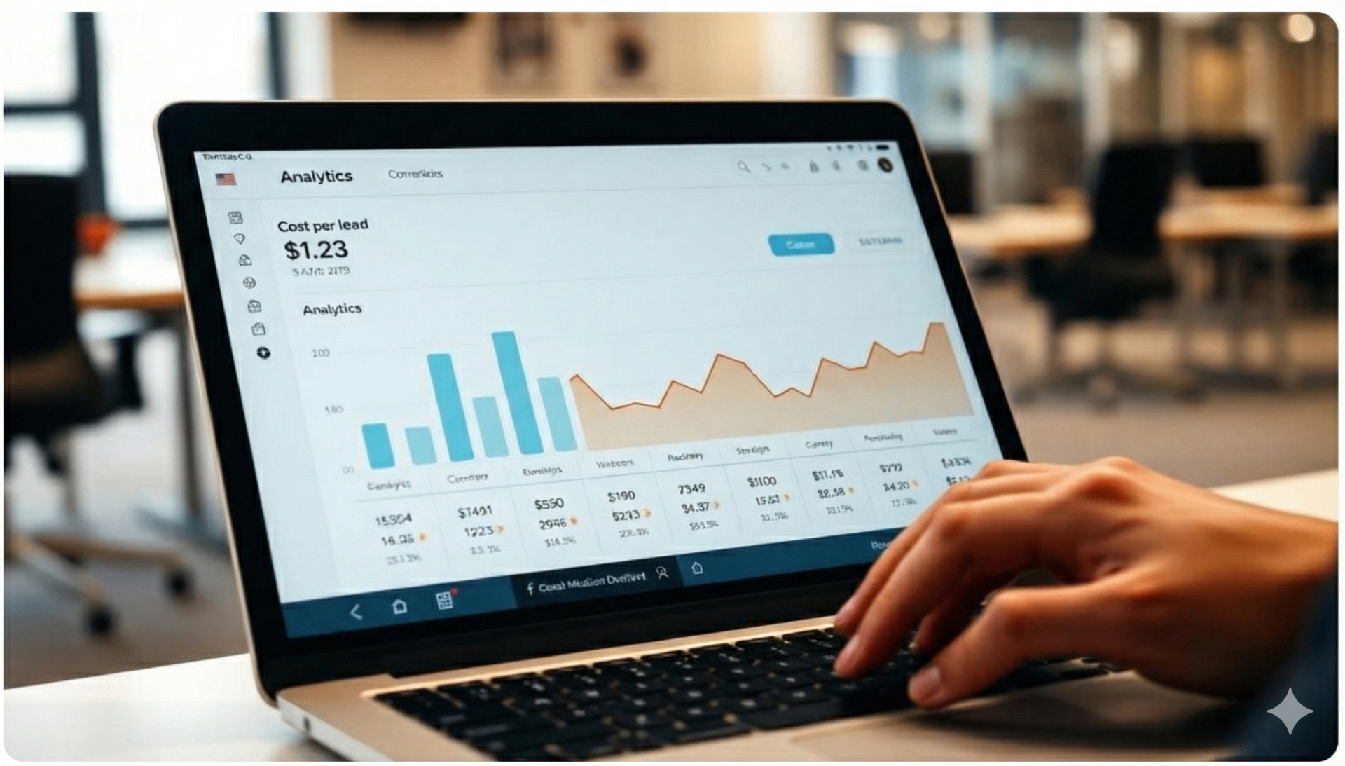 Close up of a laptop screen showing simplified marketing metrics and graphs