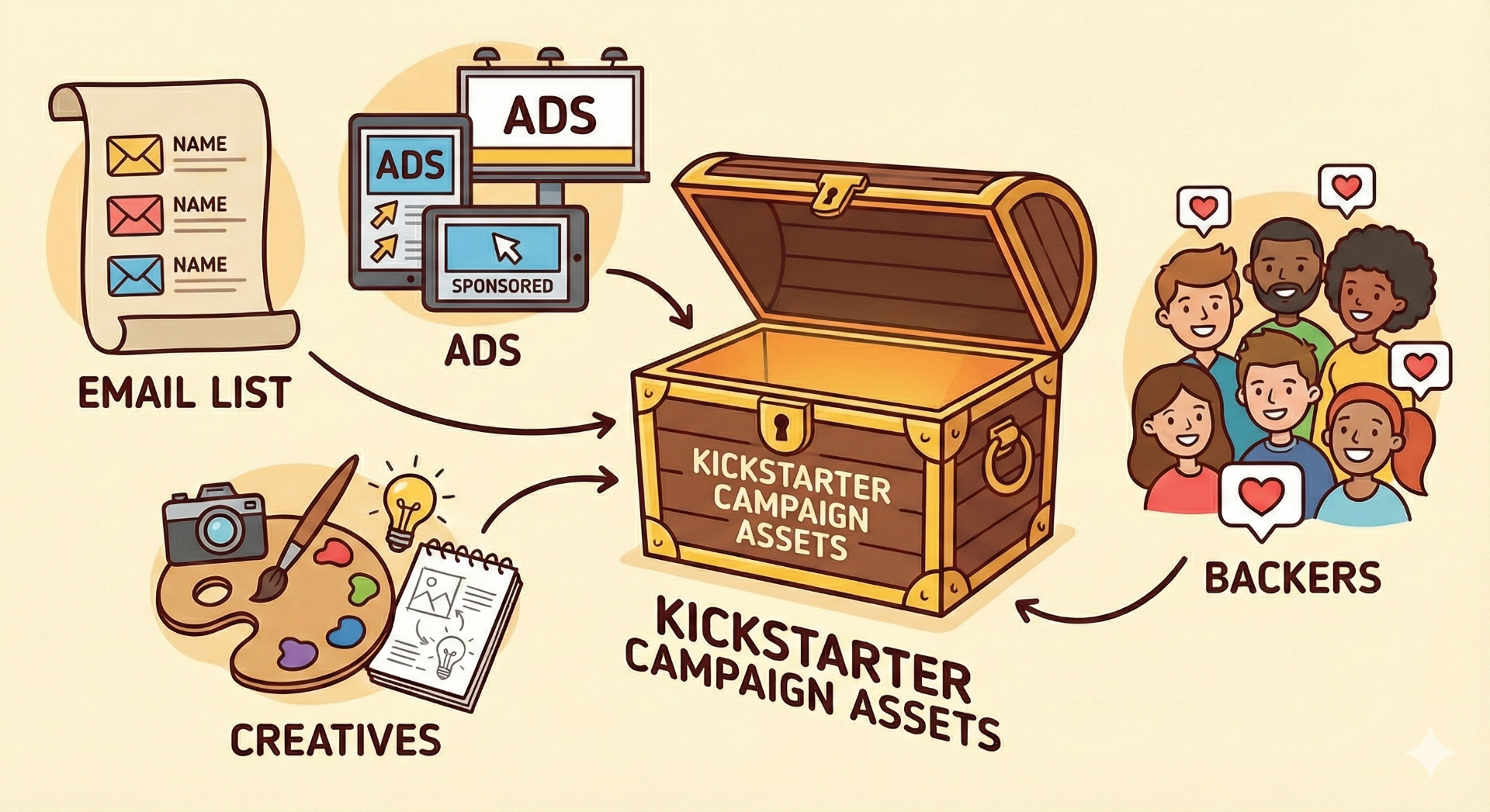 Illustration showing email list, ads, creatives, and backers as assets after a Kickstarter campaign