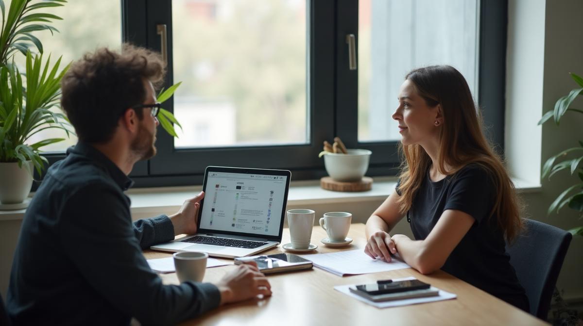 Founder and marketing strategist reviewing a roadmap from Kickstarter campaign to ecommerce store on a laptop