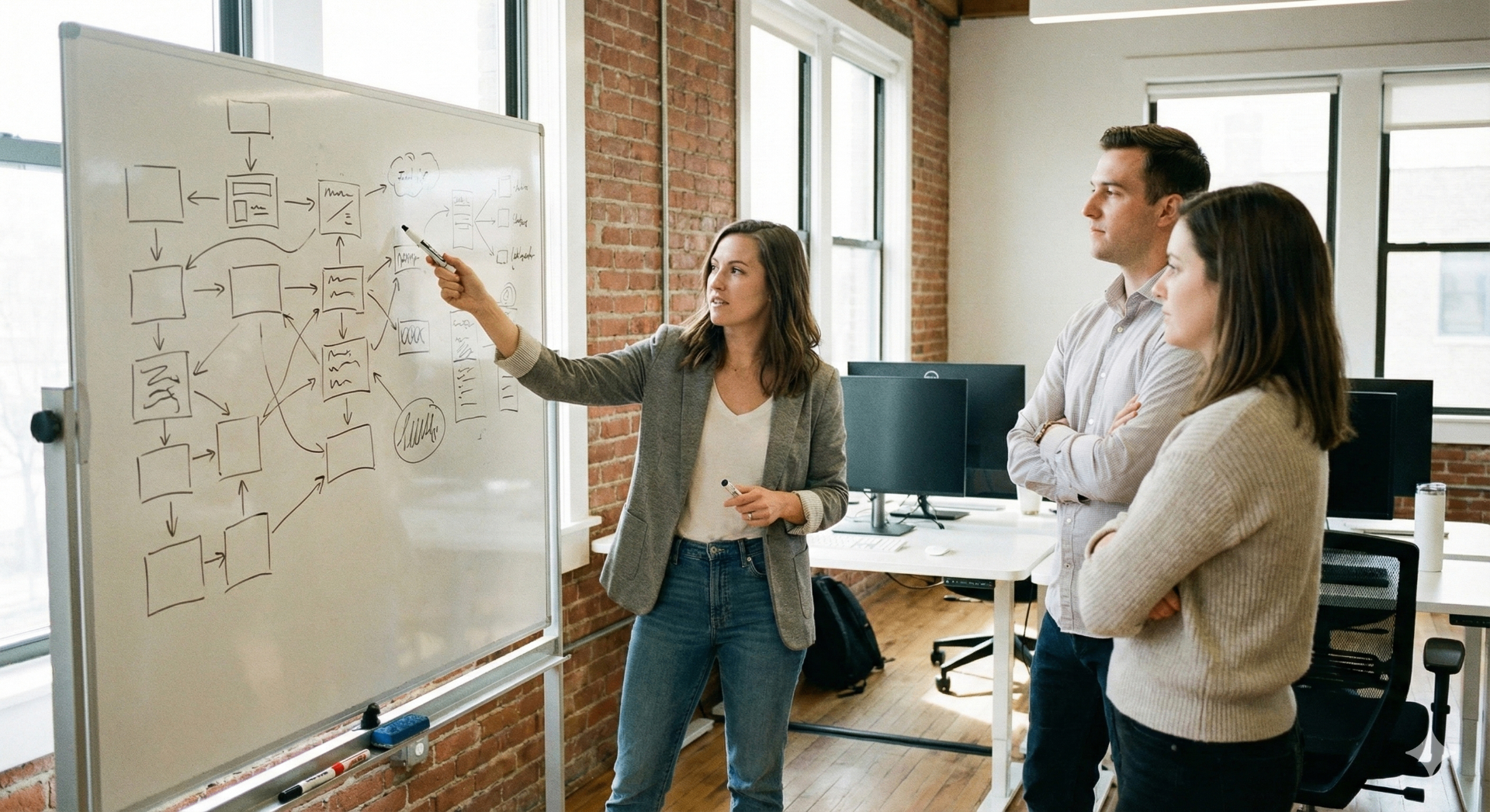 Team standing by a whiteboard planning future product launches based on campaign data