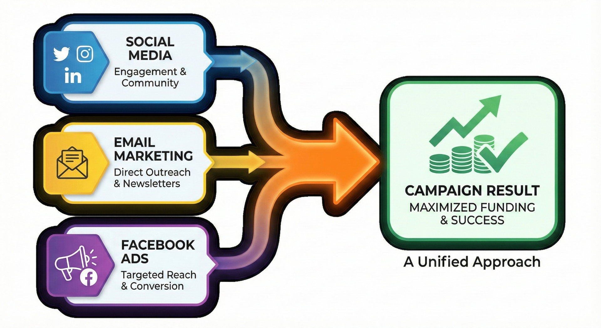 BoostYourCampaign unified marketing approach - Social Media, Email Marketing, and Facebook Ads driving campaign results