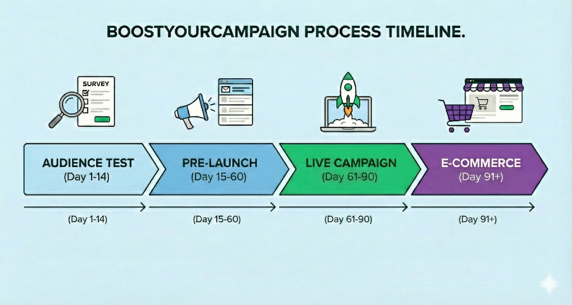 BoostYourCampaign process timeline from audience test to e-commerce